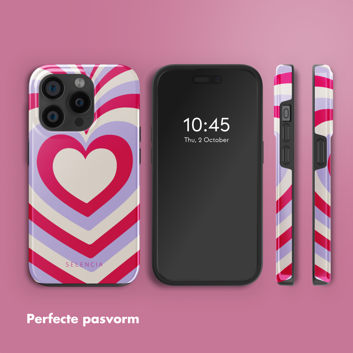 Telefoonhoesje met een hartontwerp. Het staat op een telefoon en twee andere weergaven. De tekst luidt "Perfecte pasvorm".
