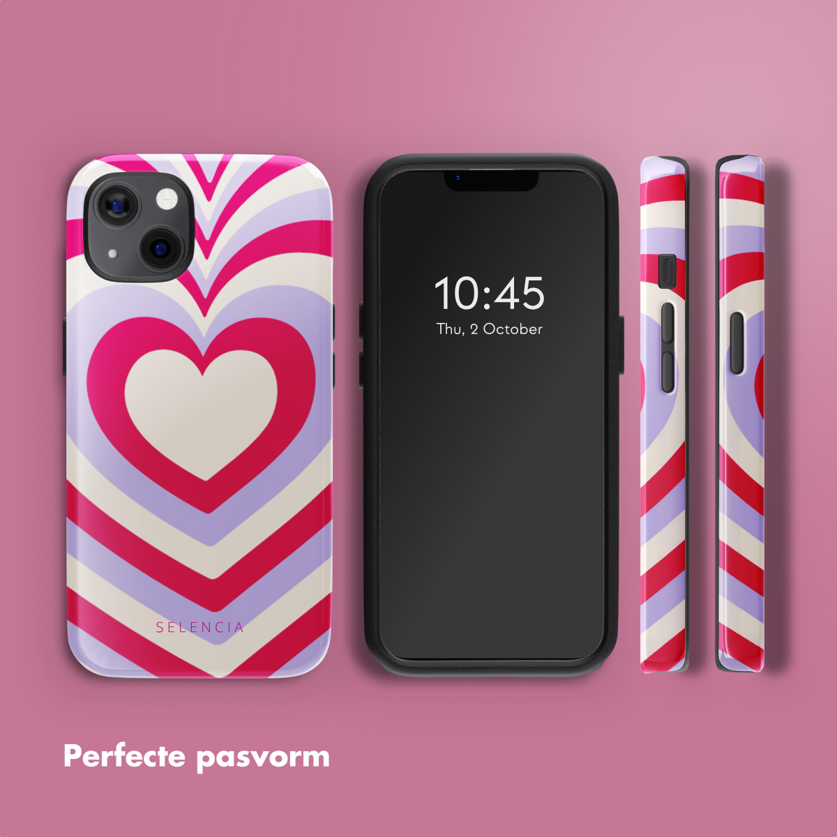 Une coque de téléphone avec un motif de cœur et un téléphone à côté. Le téléphone affiche l'heure.