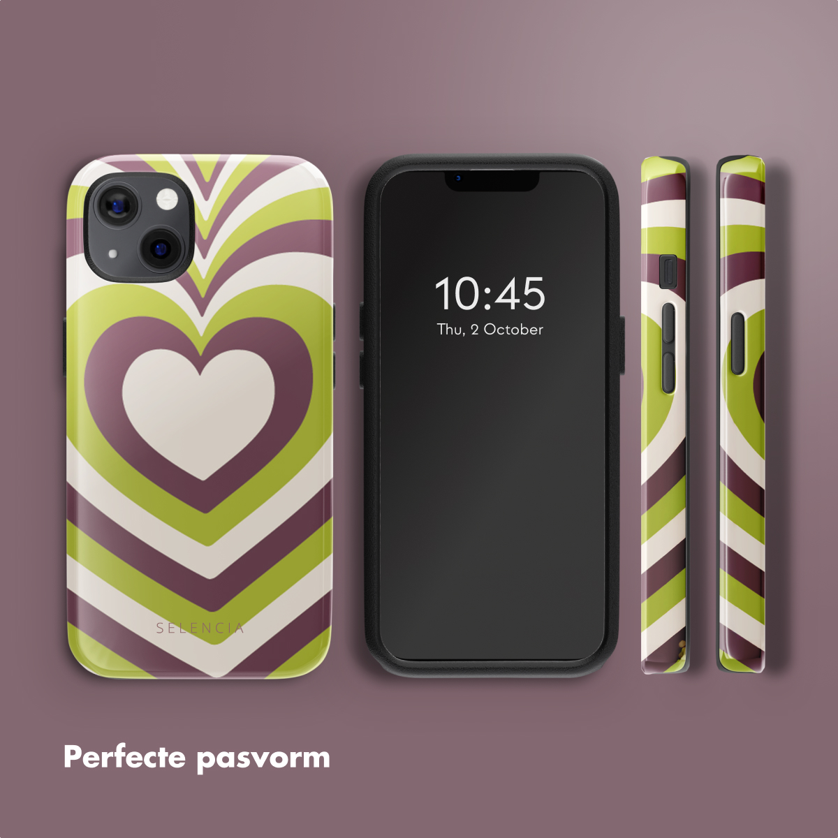 Coque de téléphone avec motif cœur, téléphone et côtés de la coque, sur fond violet.