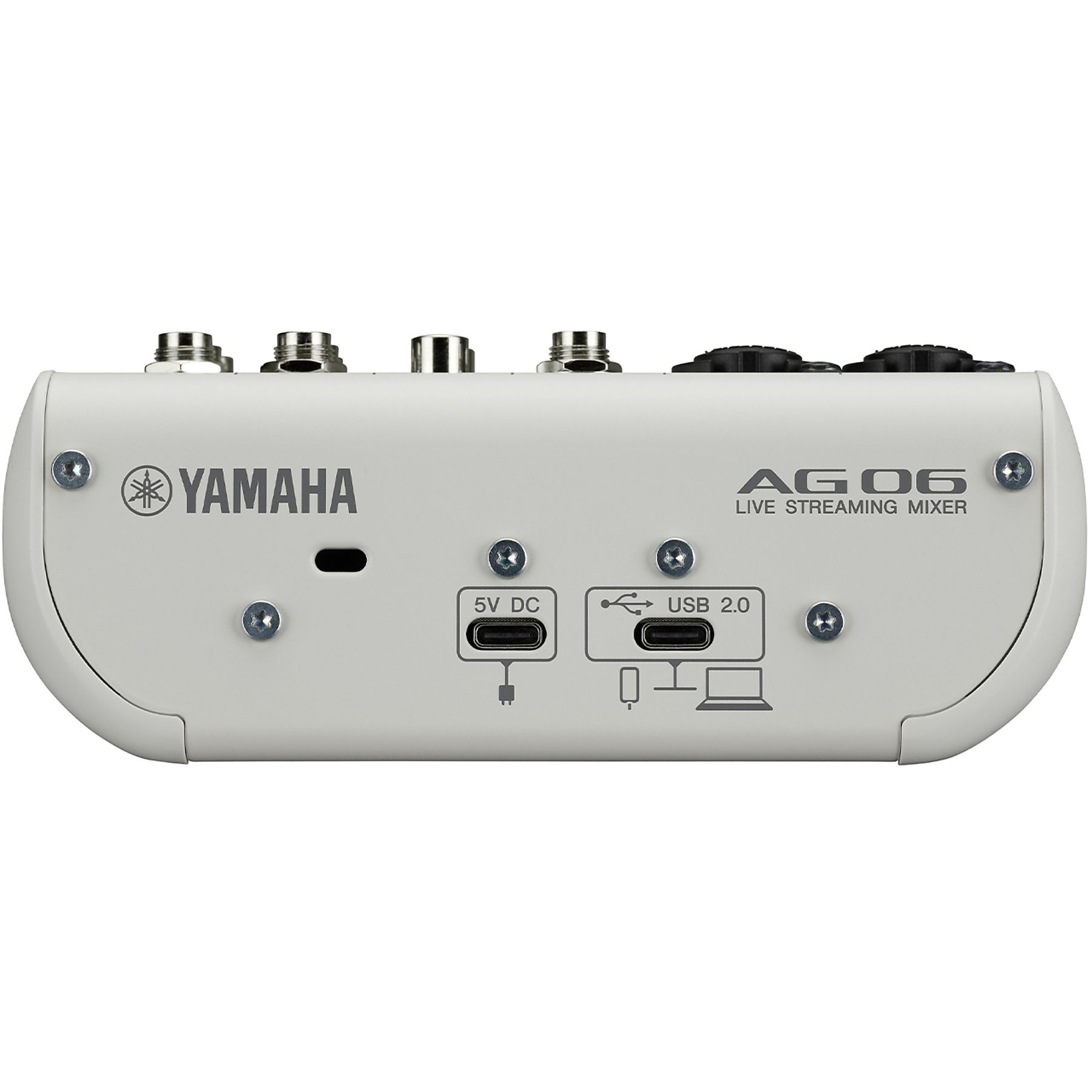 Mixer per streaming live Yamaha AG06 bianco con porte e controlli. Logo Yamaha visibile. Porte USB e 5V DC.