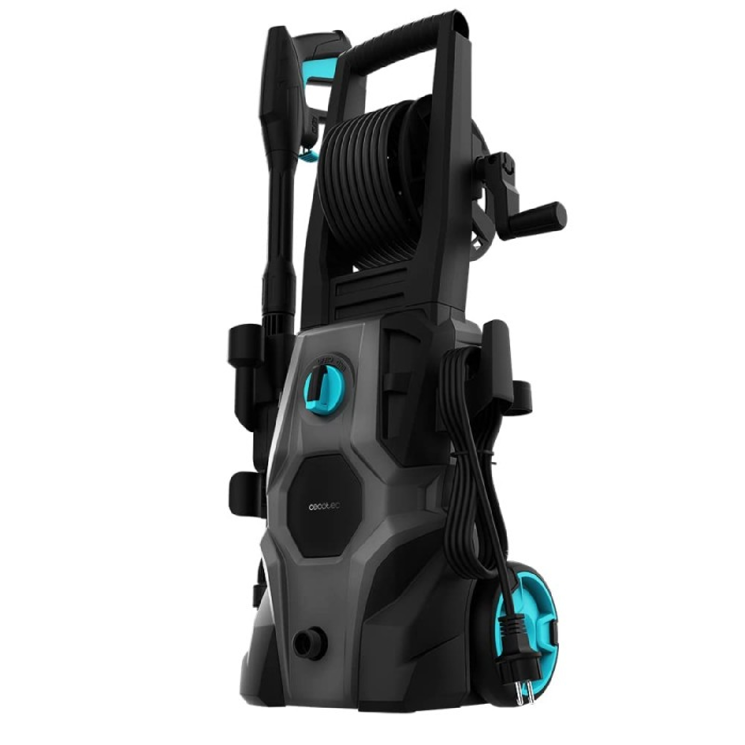 Idropulitrice nera e grigia con tubo e maniglia su sfondo bianco.