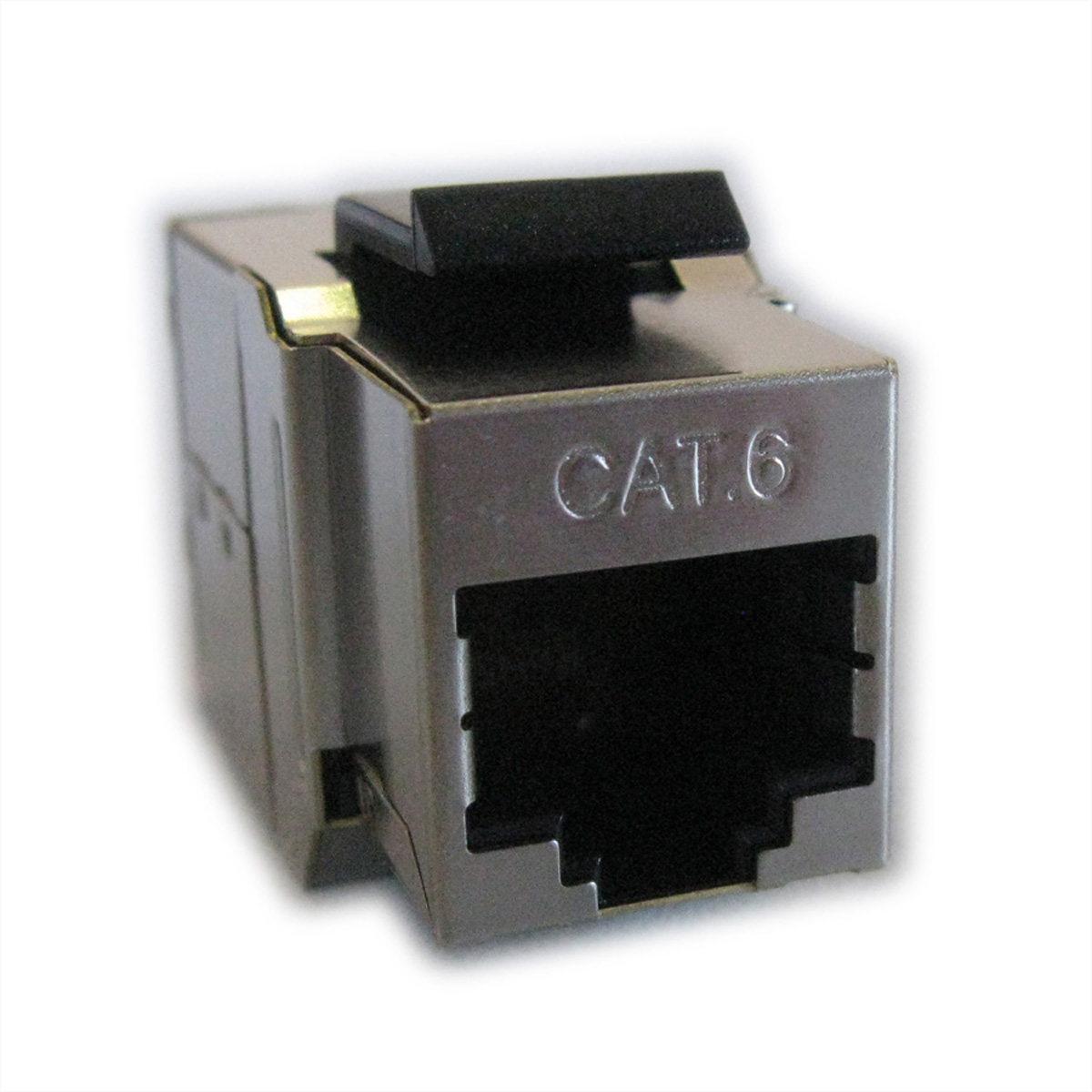 Metalen CAT.6 RJ45 connector, vooraanzicht, met een zwarte plastic afdekking.