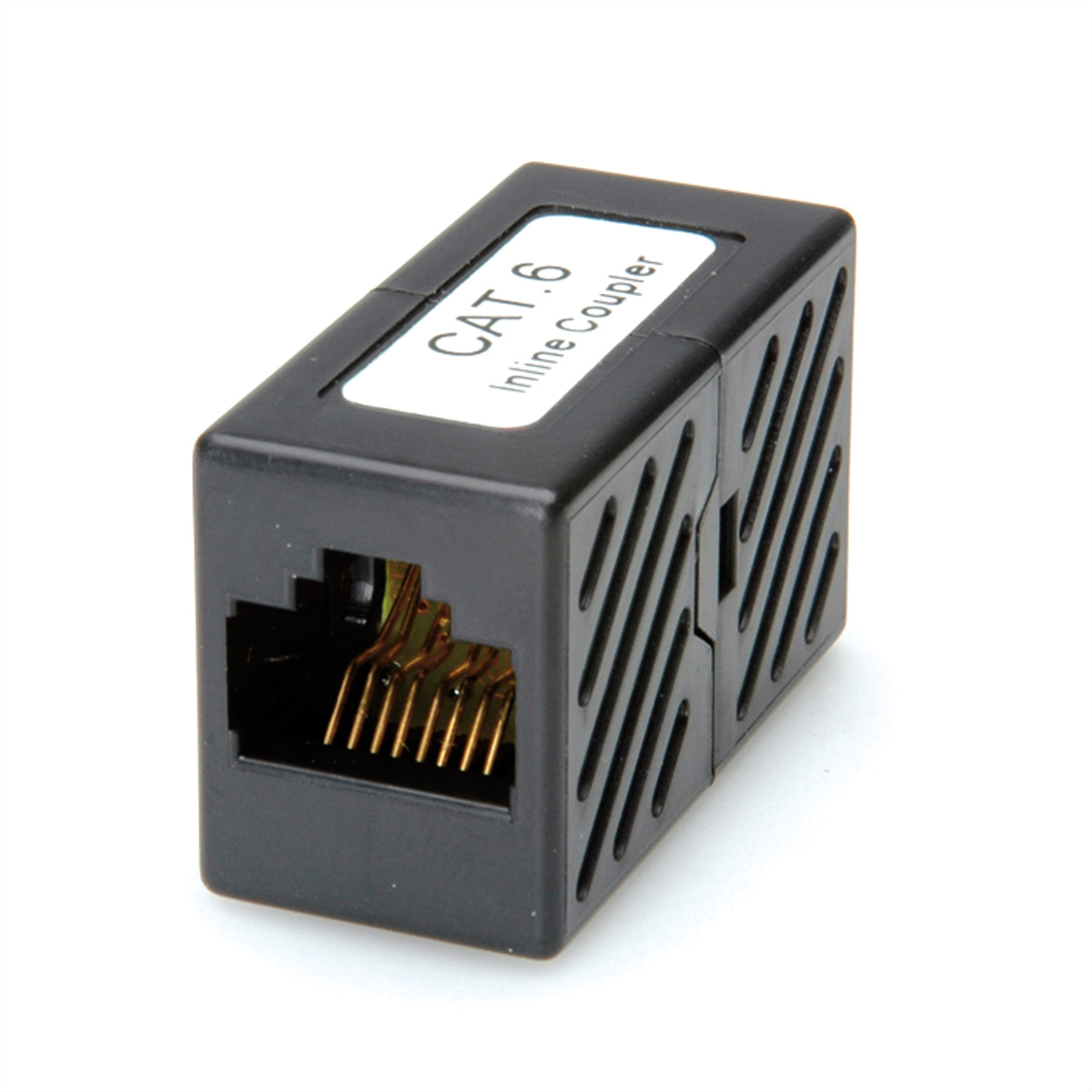 Schwarzer CAT.6 Inline-Koppler für RJ45-Kabel. Weißer Hintergrund.
