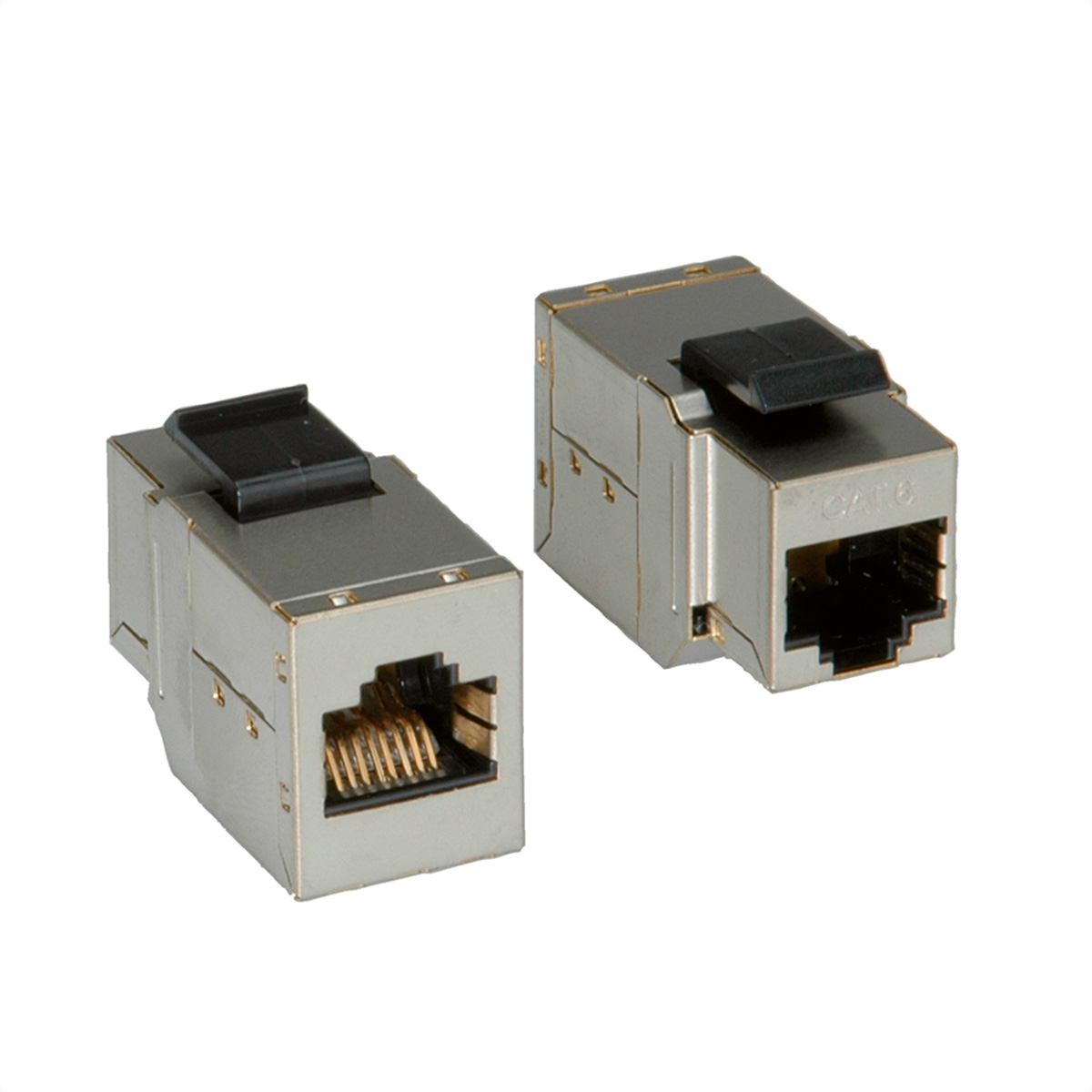 Twee zilveren RJ45 connectoren. Vooraanzicht, op een witte achtergrond.