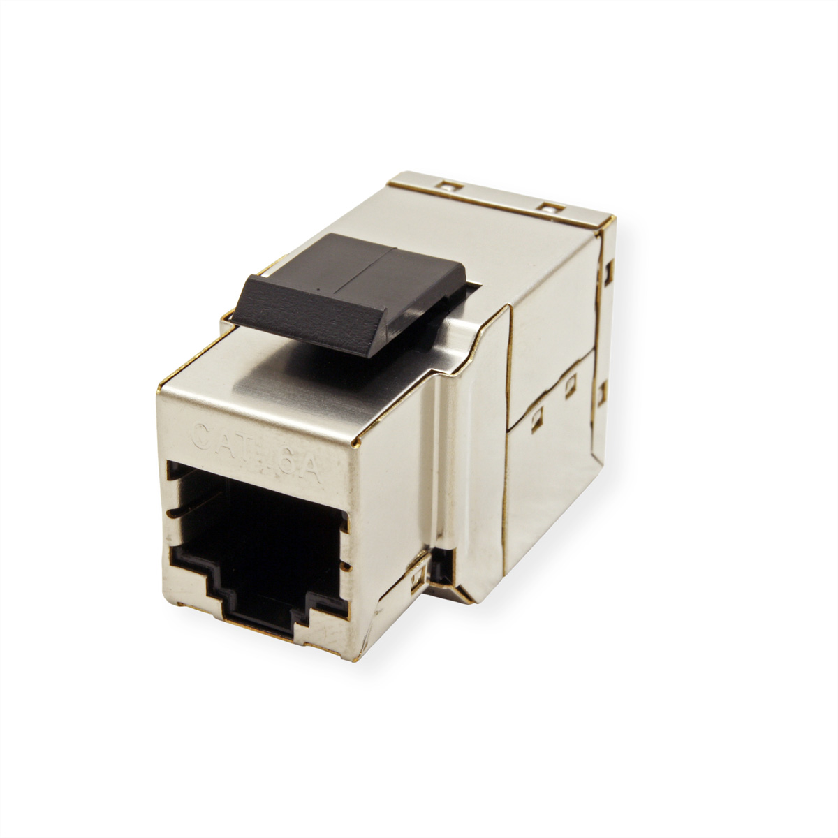 Connecteur jack keystone RJ45 métallique. Languette en plastique noir. Fond blanc.