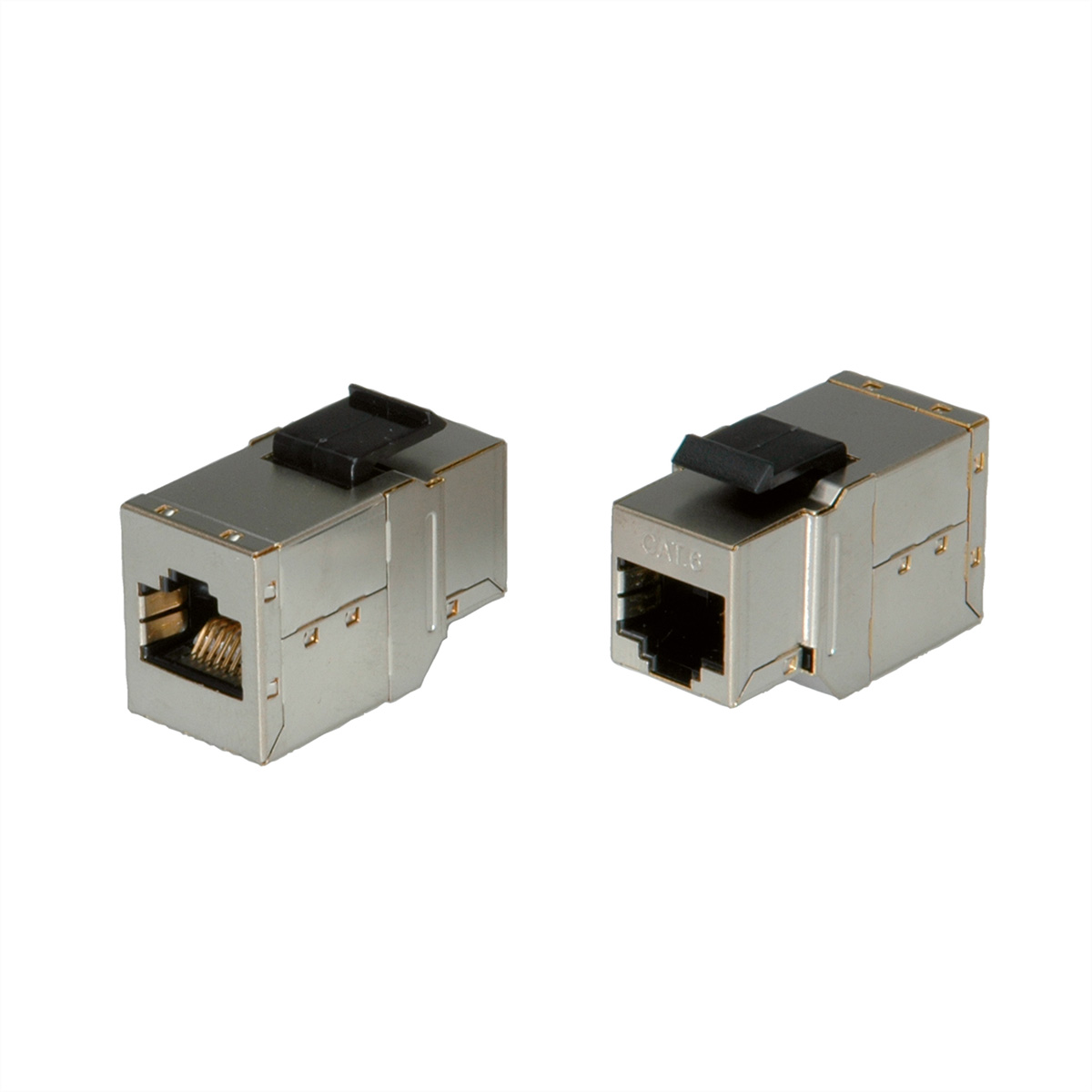 Twee zilveren RJ45-connectoren. Elk met een zwarte clip. Geïsoleerd op een witte achtergrond.