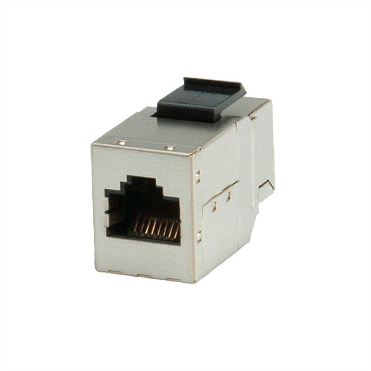 Un connecteur RJ45 argenté. Avec un clip noir en haut. Isolé sur fond blanc.