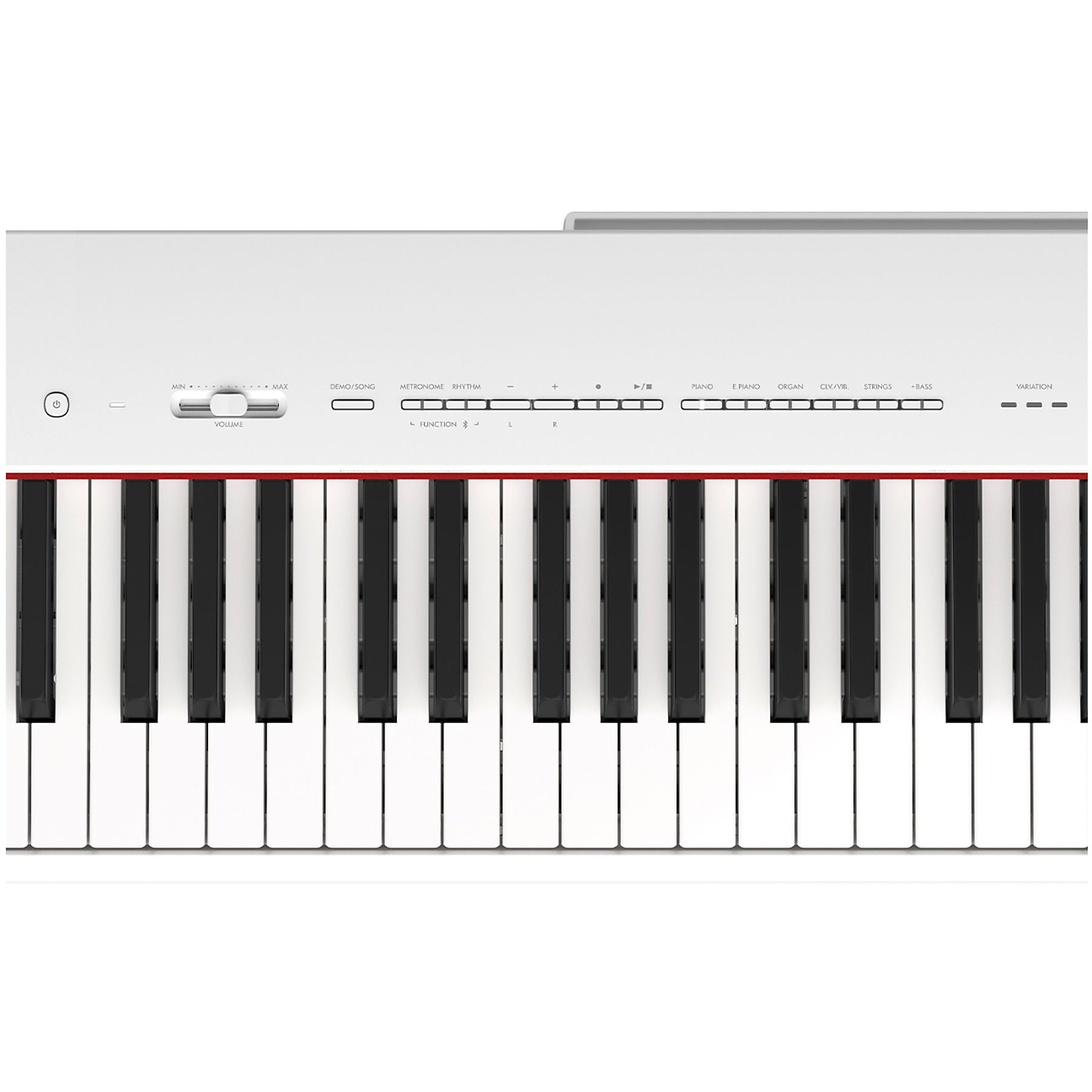 Klawiatura fortepianu z czarno-białymi klawiszami, czerwoną linią.