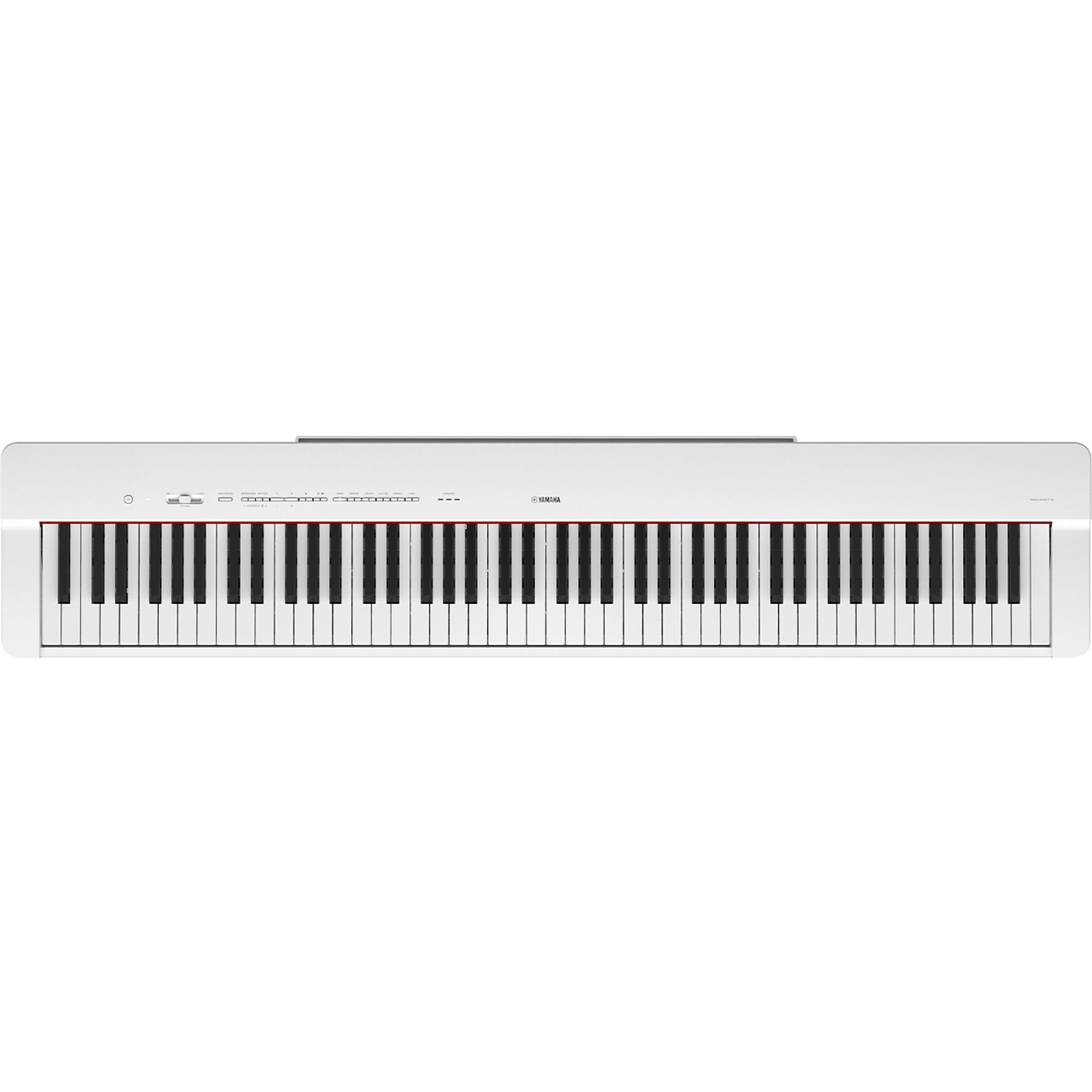 Biały fortepian Yamaha z czarno-białymi klawiszami. Minimalistyczny design, z logo Yamaha. Widok z przodu, na białym tle.