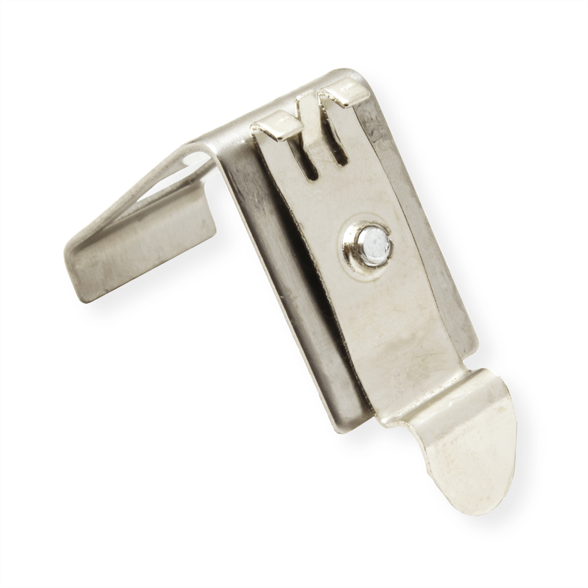 Clip à ressort métallique, forme courbée avec un rivet. Fond blanc.