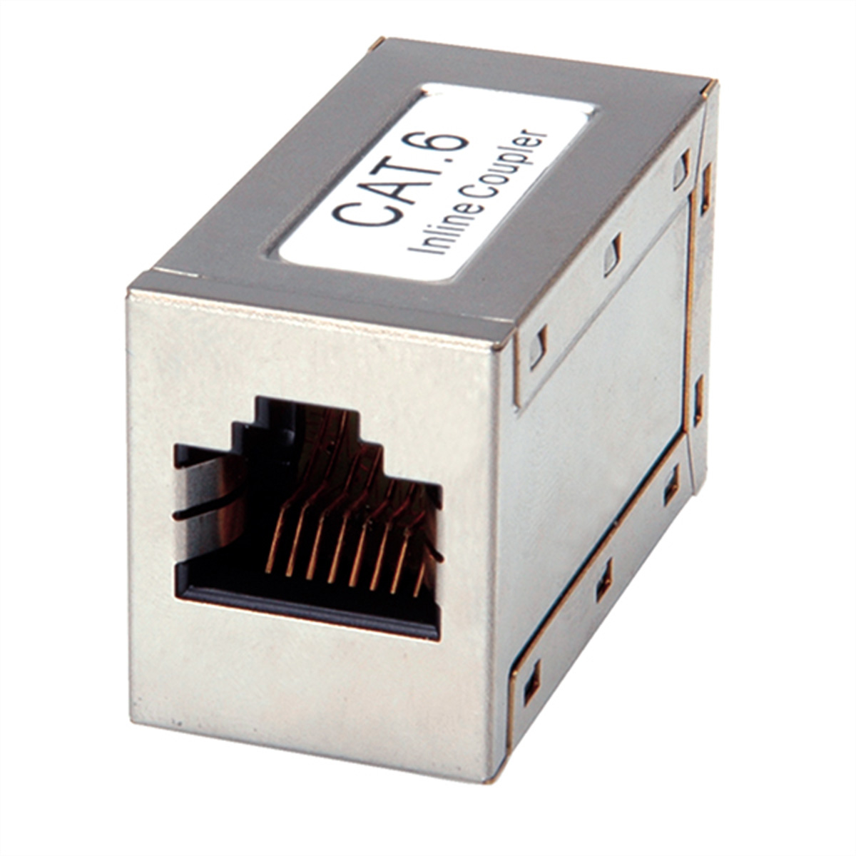 Silberner CAT 6 Inline-Koppler. Er hat eine rechteckige Form und einen RJ45-Anschluss.