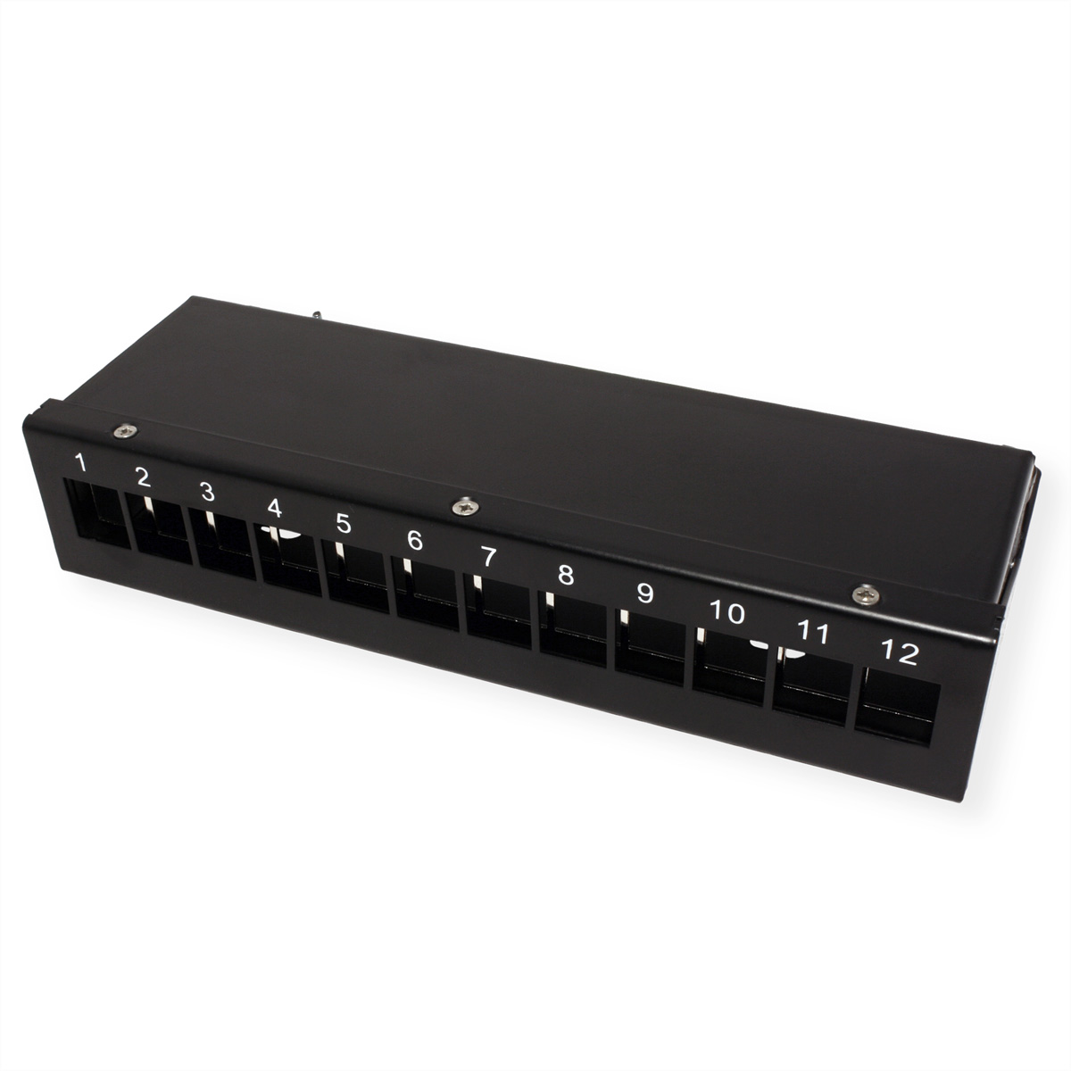 Panneau de brassage réseau noir avec 12 ports numérotés.