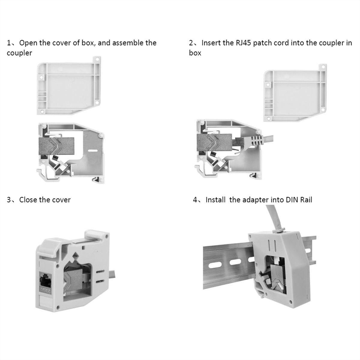 Quatre étapes pour assembler un coupleur réseau sur fond blanc. Texte et diagrammes.