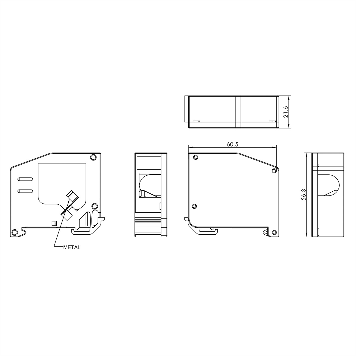 Dessins techniques d'un composant électrique noir avec dimensions en millimètres.