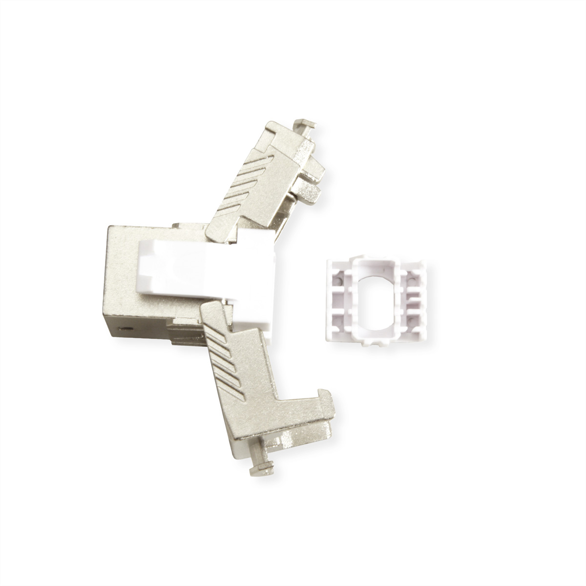 Deux connecteurs RJ45 argentés et un adaptateur blanc, isolés sur fond blanc.