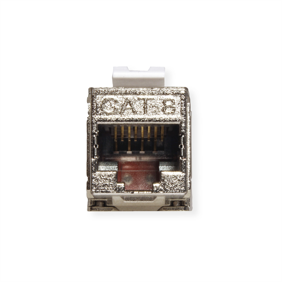 Connecteur RJ45 métallique avec marquage CAT 8. Les couleurs argent et or dominent.