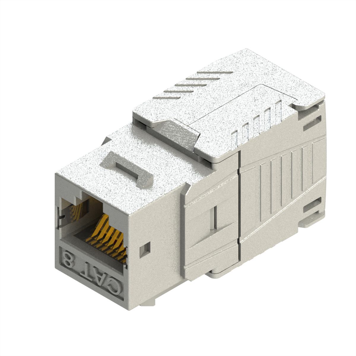 Connecteur réseau CAT 8 gris clair, perspective angulaire, isolé sur fond blanc. Design détaillé.
