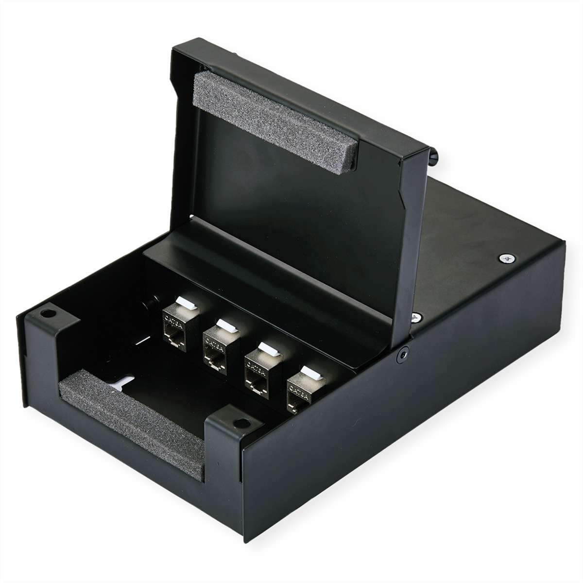 Boîte métallique noire avec connecteurs RJ45 et rembourrage en mousse. Couvercle ouvert. Fond blanc.