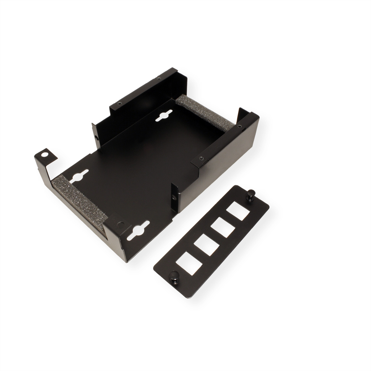 Support métallique noir avec plaque noire séparée, isolé sur fond blanc.