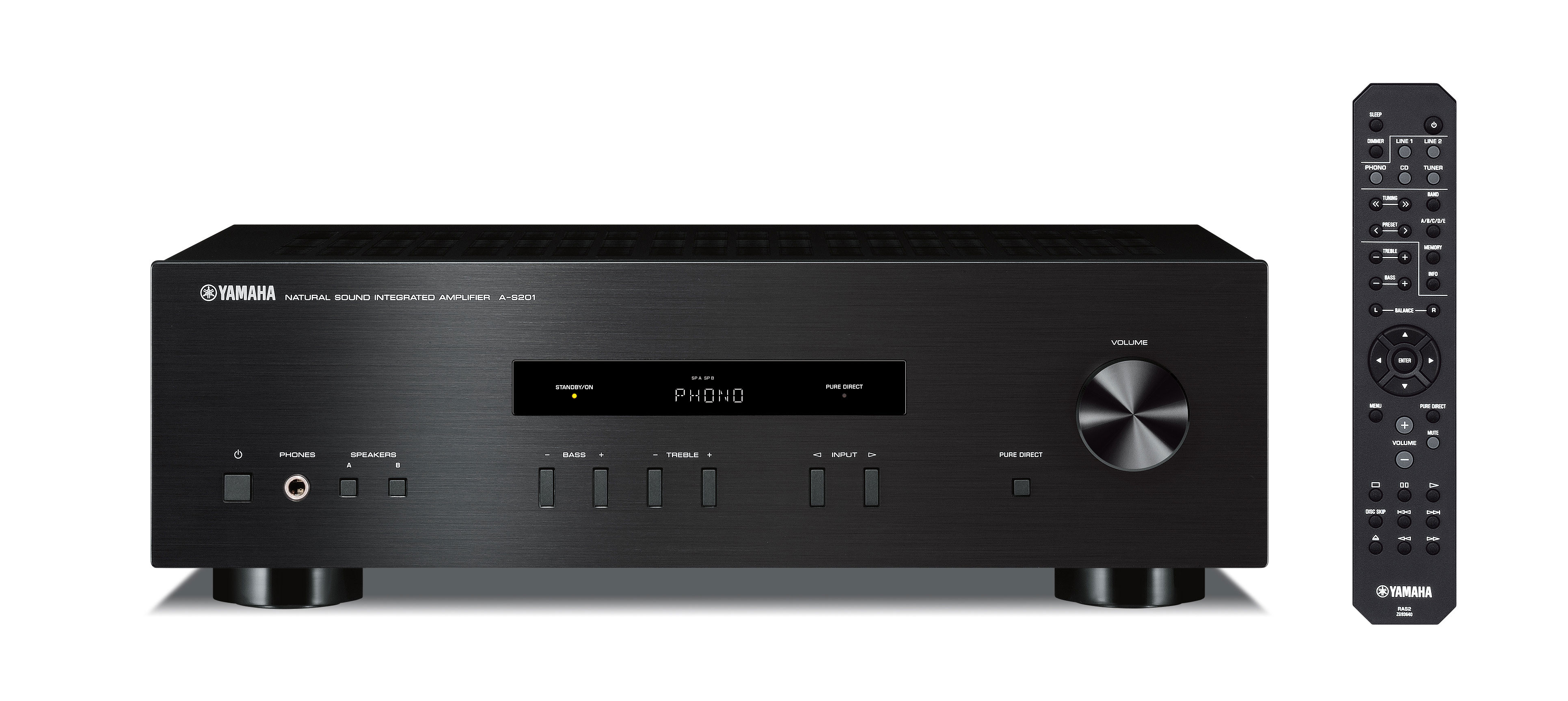 Sağda uzaktan kumandası olan siyah Yamaha amplifikatör. Kontroller, düğmeler ve ekran görünür.