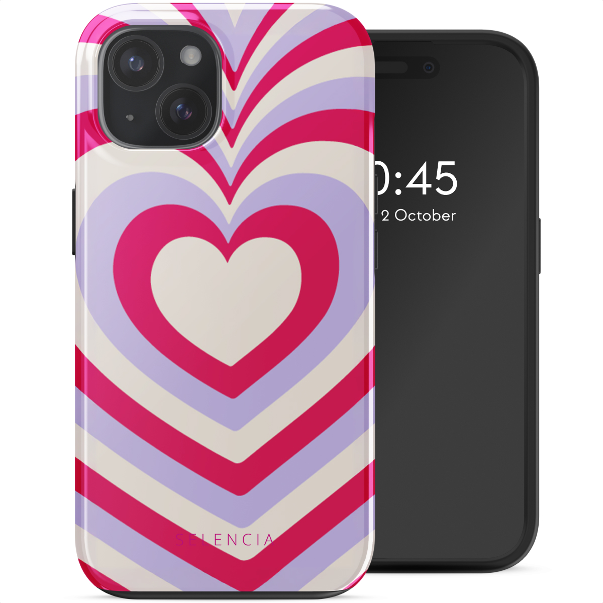 Een telefoon met een roze en witte hartvormige hoes. De telefoon staat naast de hoes.