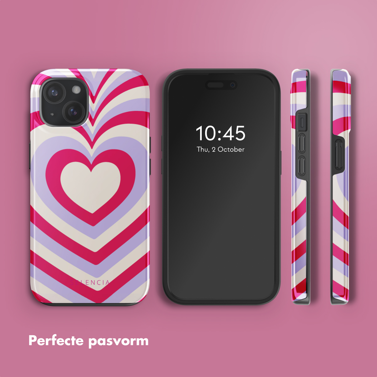 Een smartphone in een hoesje, met de tijd op het scherm en twee andere weergaven van de telefoon.