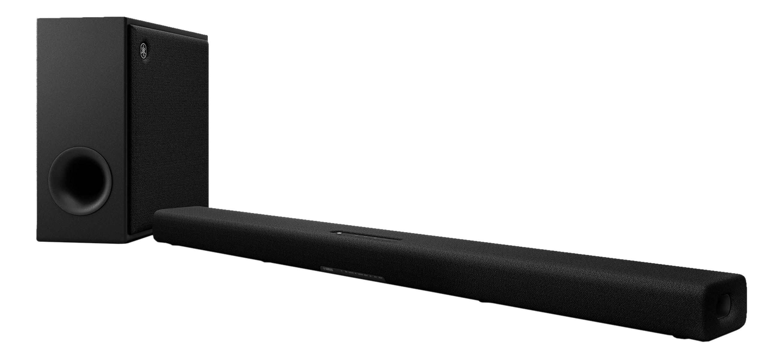 Schwarze Yamaha Soundbar und Subwoofer. Sie befinden sich auf schwarzem Hintergrund.