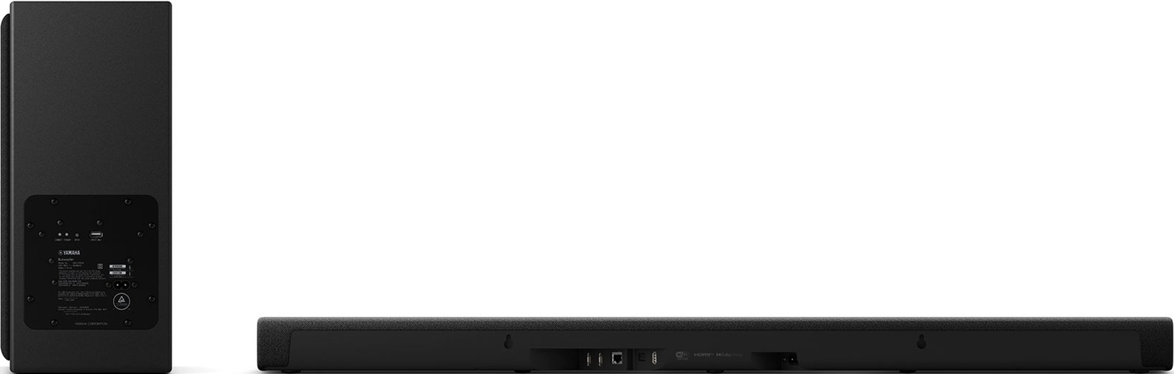 Schwarze Soundbar und Subwoofer auf weißem Hintergrund. Soundbar ist lang, Subwoofer ist ein hohes Rechteck.