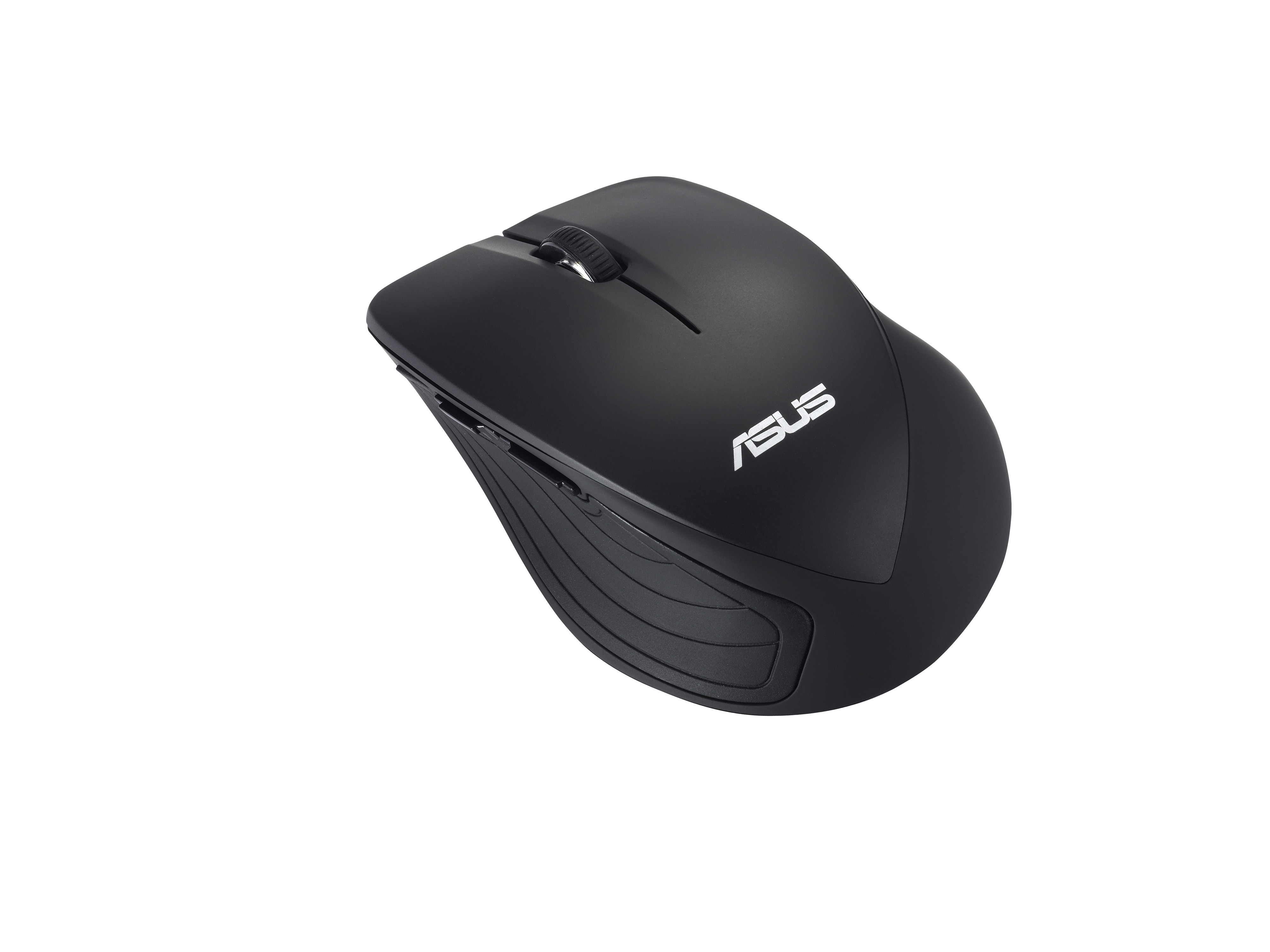 Black wireless mouse on white background. It has the brand name ASUS on it.