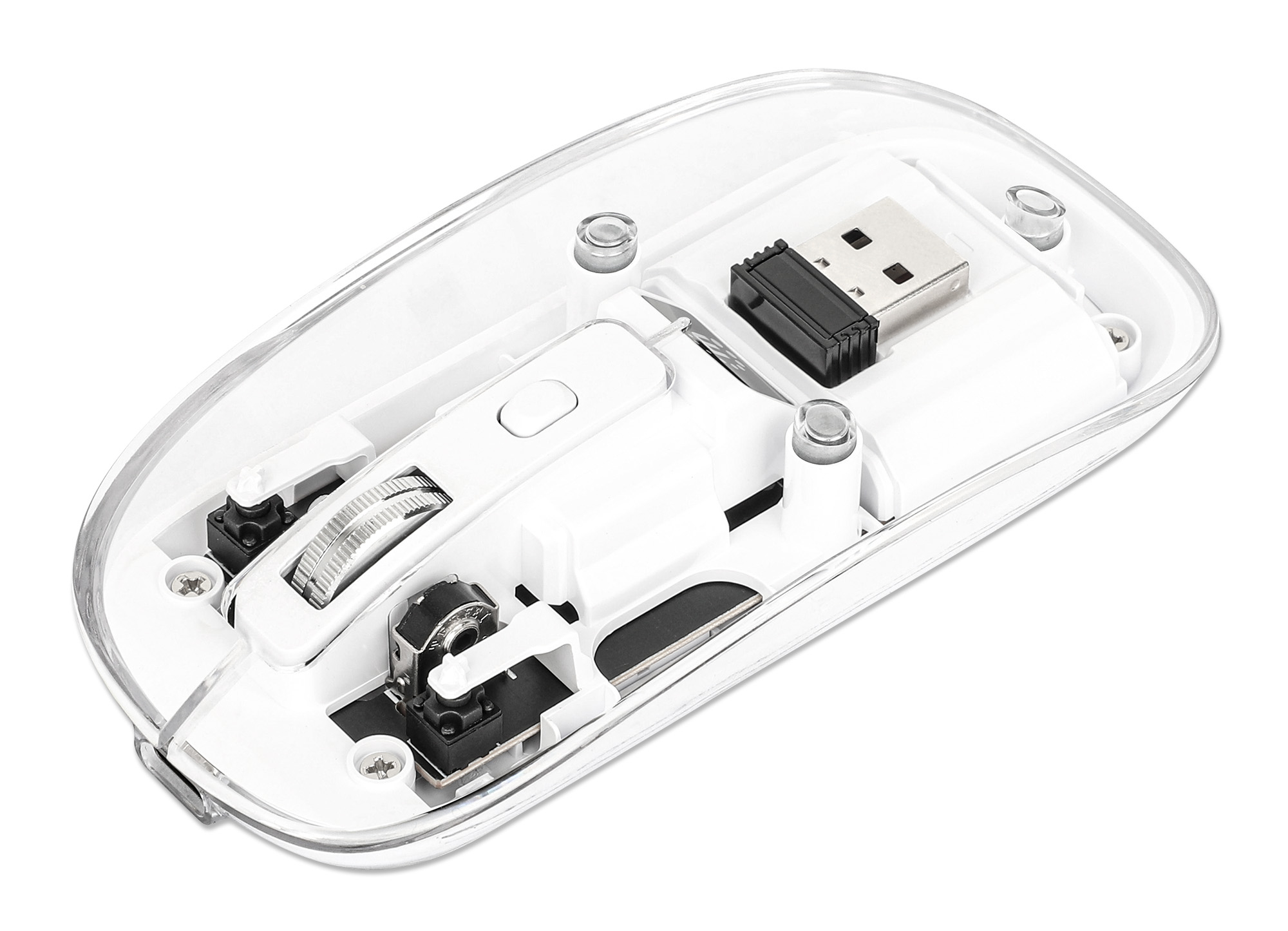 Mouse per computer bianco, vista dal basso. Mostra pulsanti, rotellina e un ricevitore USB.