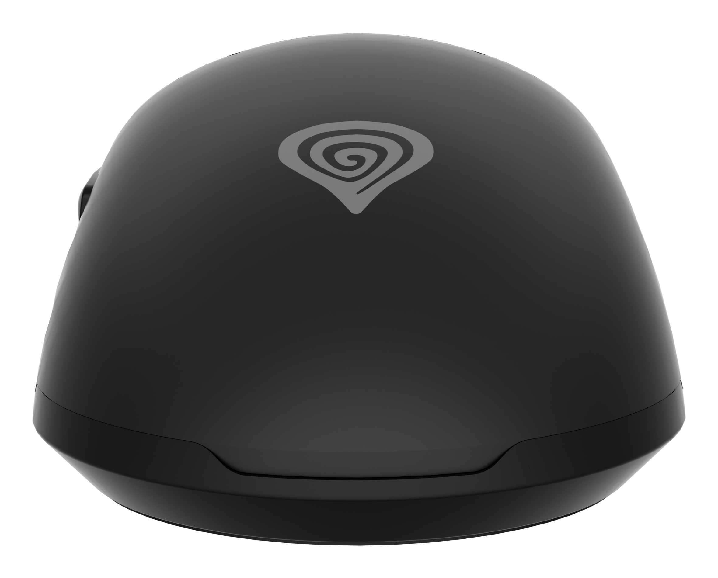 Czarna mysz z logo Genesis i zaokrąglonym designem, na białym tle.