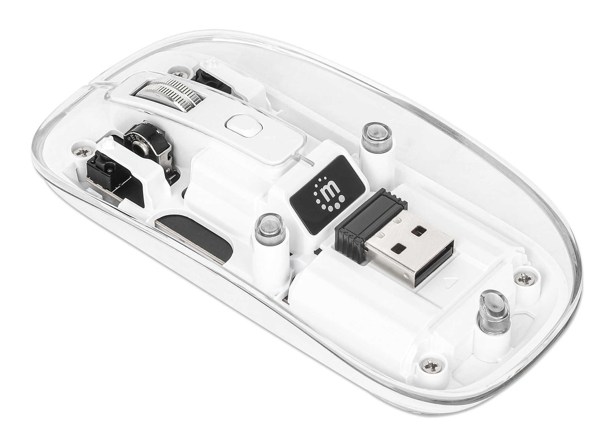 Parte inferiore di un mouse per computer bianco. Ha un ricevitore USB, una rotella di scorrimento e diverse viti.