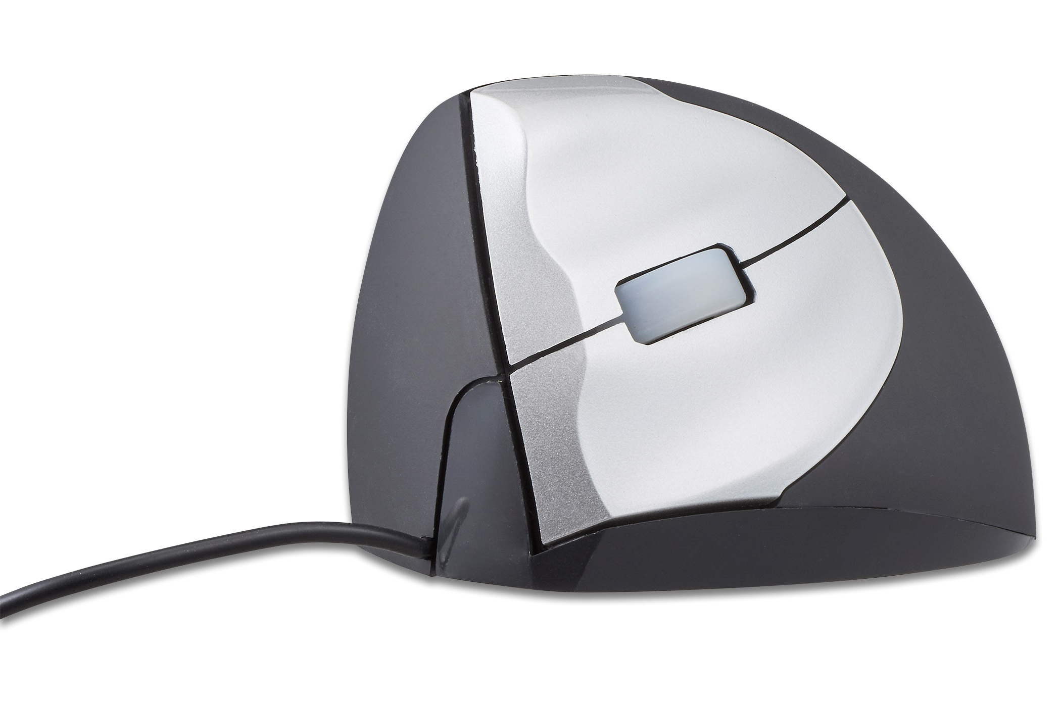 Mouse ergonomico, grigio scuro con dettagli argento e cavo, su sfondo bianco.