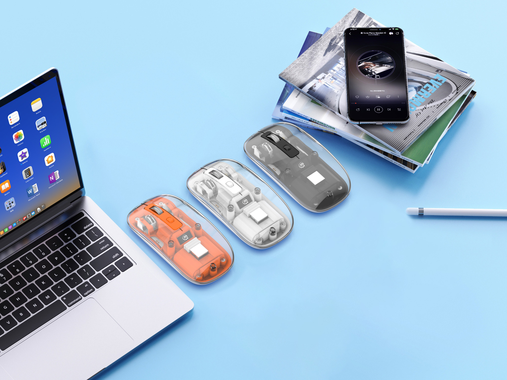 Trzy przezroczyste myszy, każda z innym kolorowym rdzeniem, obok laptopa i smartfona. Niebieska powierzchnia.