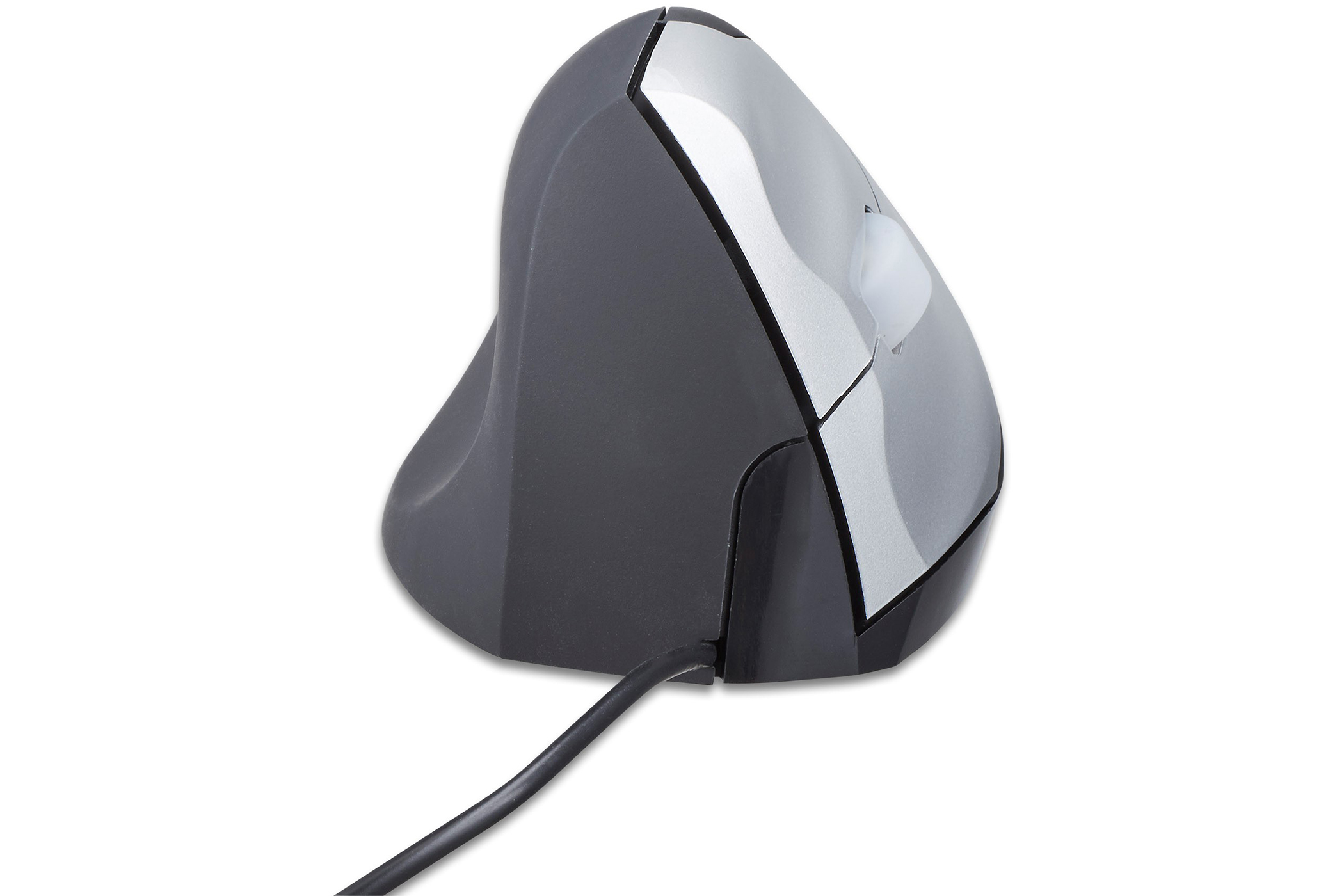 Mouse ergonomico grigio e argento con cavo nero.