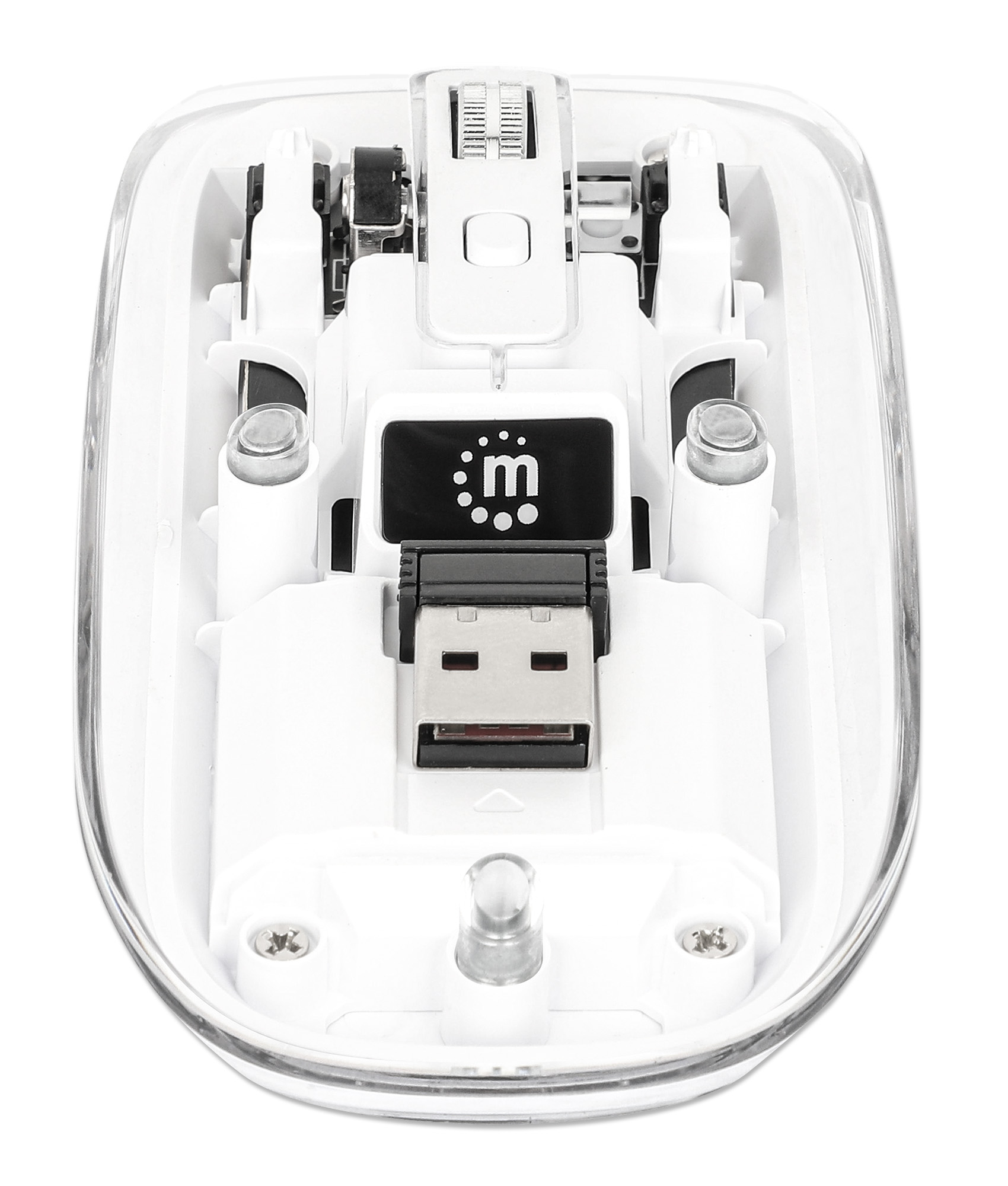Mouse wireless bianco con ricevitore USB nero.