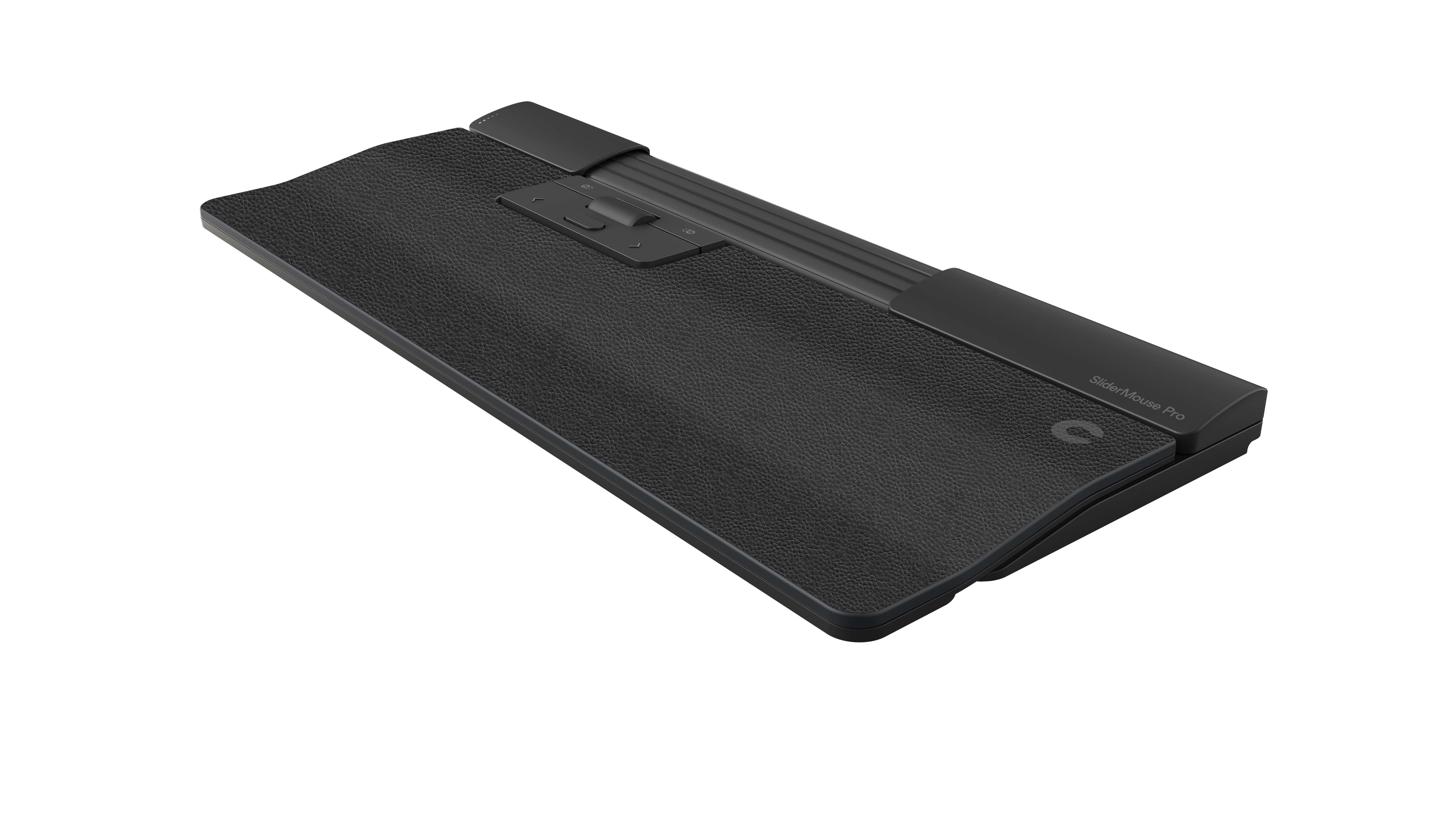 SliderMouse Pro nero su sfondo bianco. Ha un design lungo e curvo.