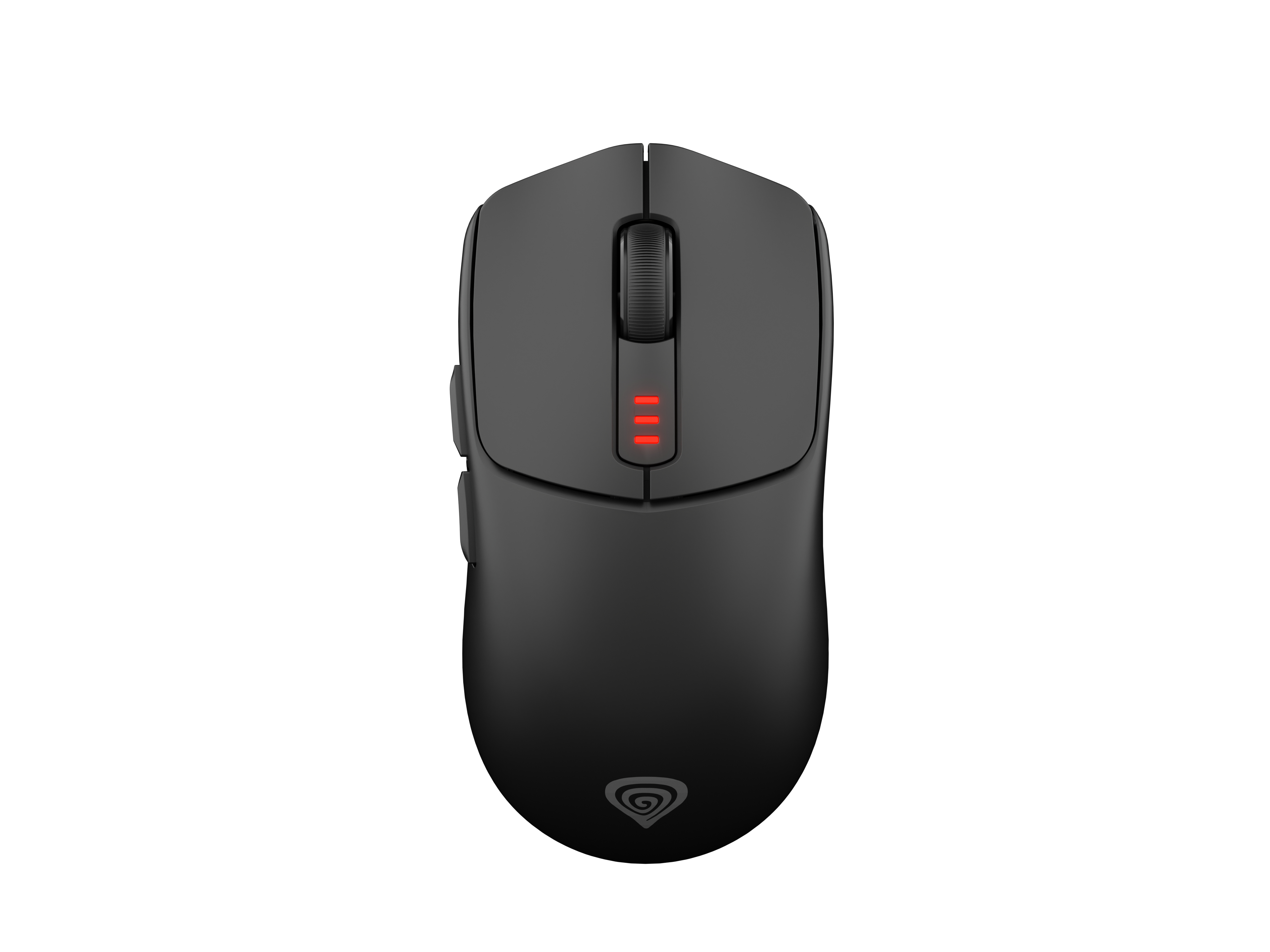Zwarte gamingmuis, met rode indicatielampjes en een centraal scrollwiel.
