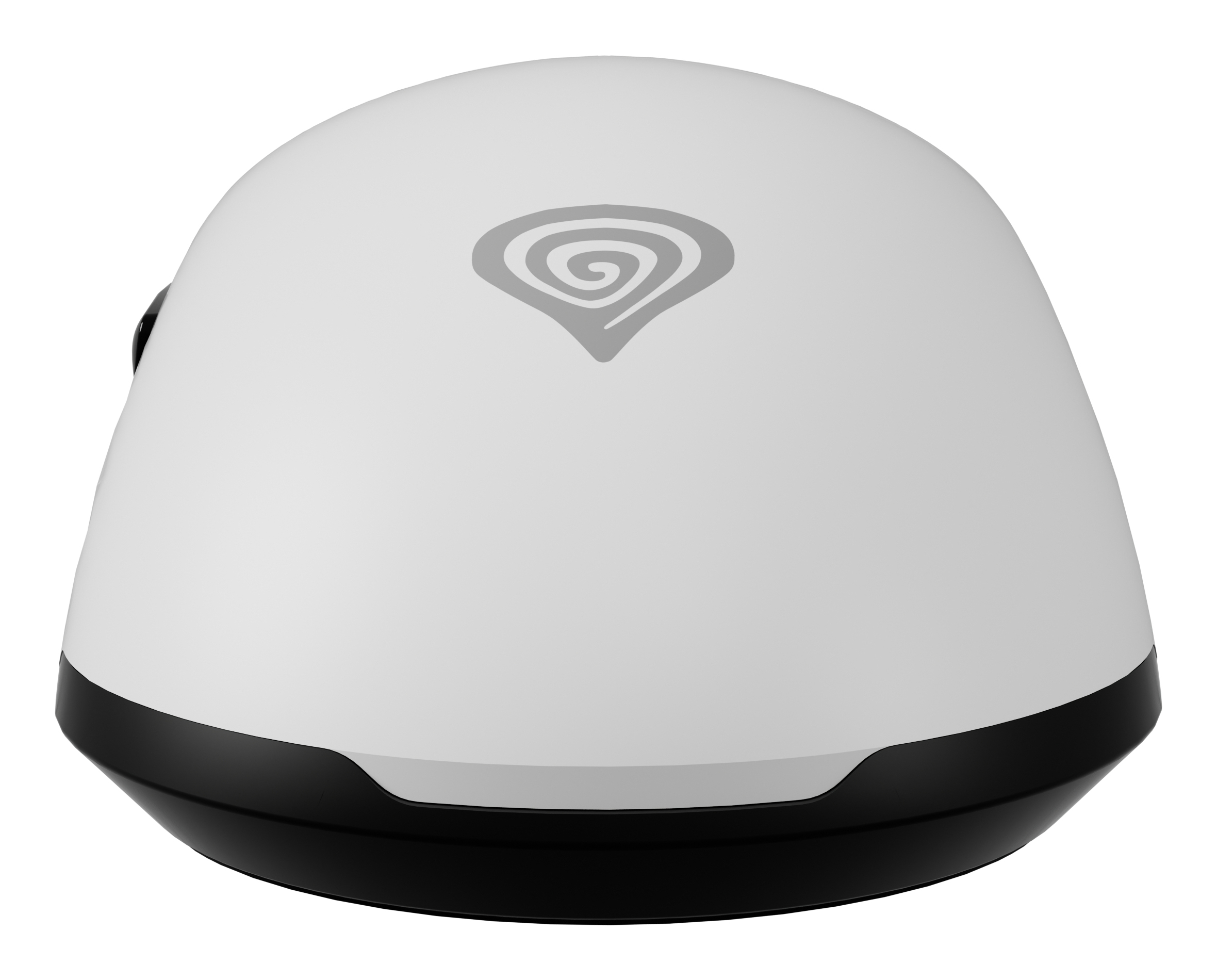 Biała mysz komputerowa z czarną podstawą i logo na górze.