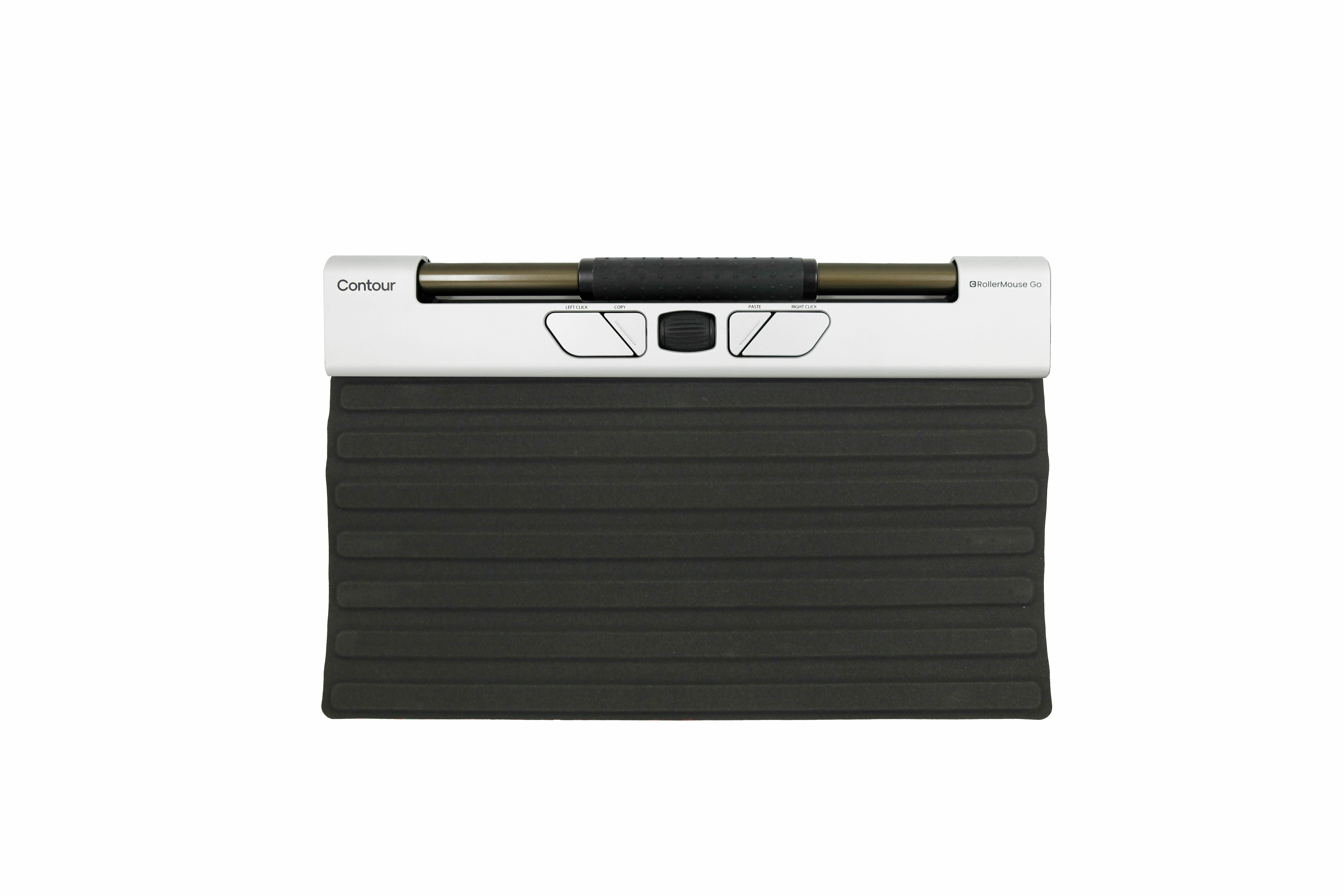 A black and gray ergonomic mouse pad with a silver bar and buttons, on white.