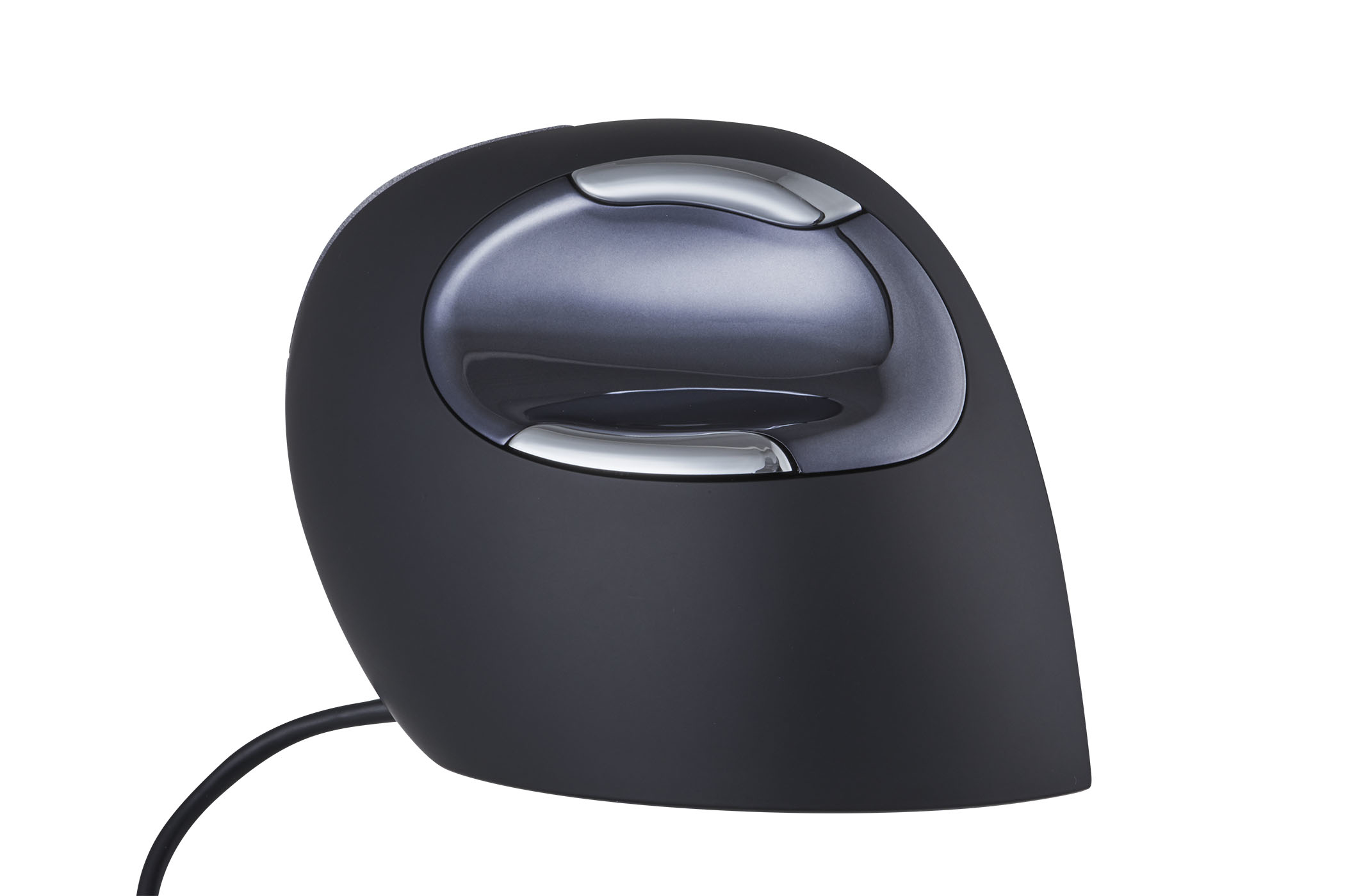 Dark gray ergonomic mouse with silver accents, and a cable, on a white background.
