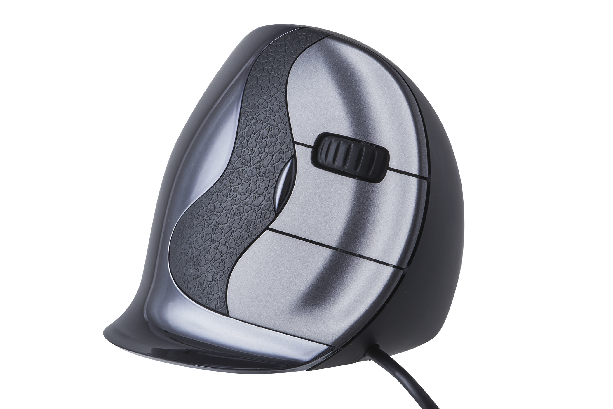Gray Evoluent vertical mouse.  Black cable attached.  White background.