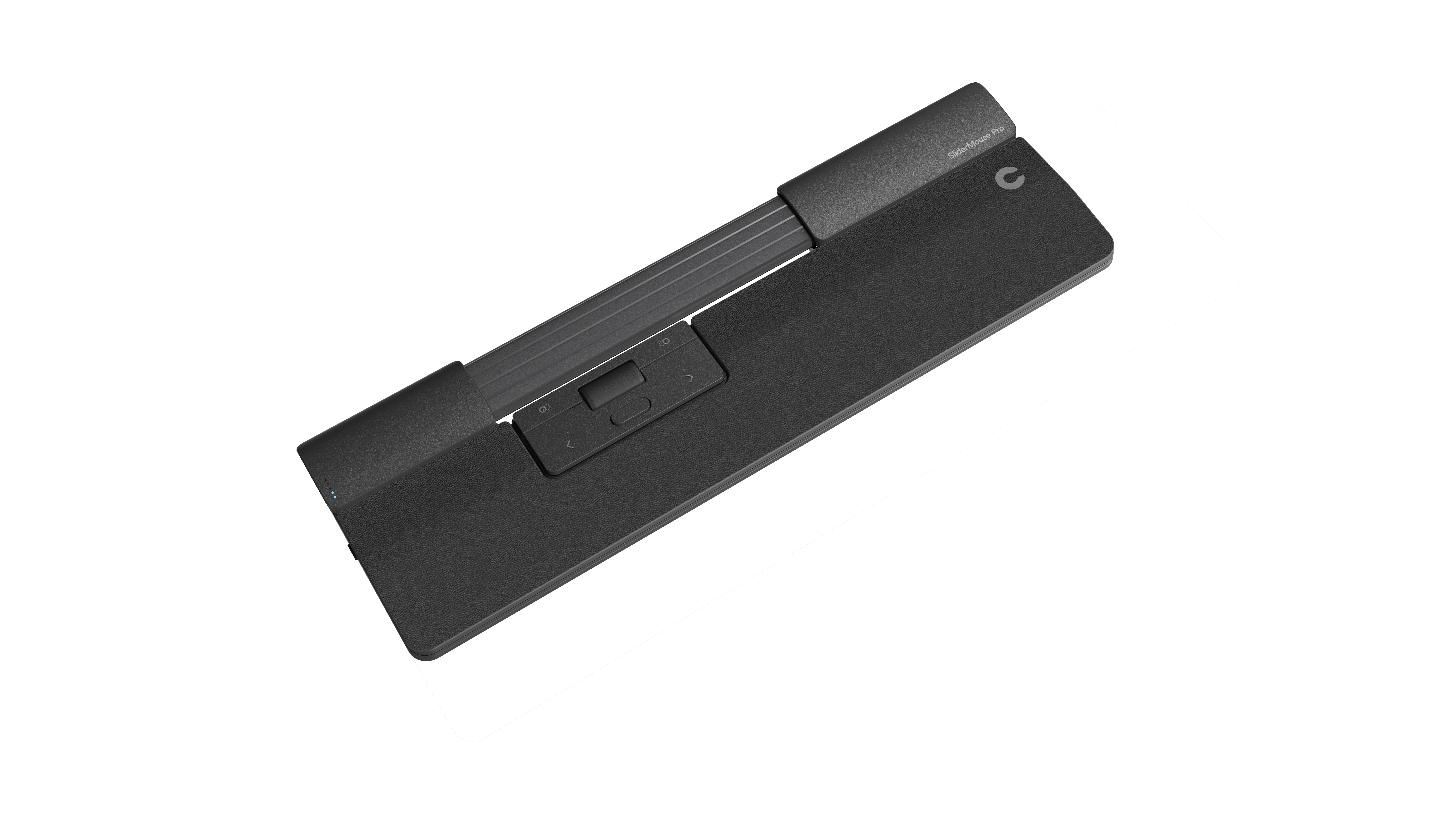 Ratón de ordenador negro con un diseño horizontal. Tiene un panel de botones y un asa.