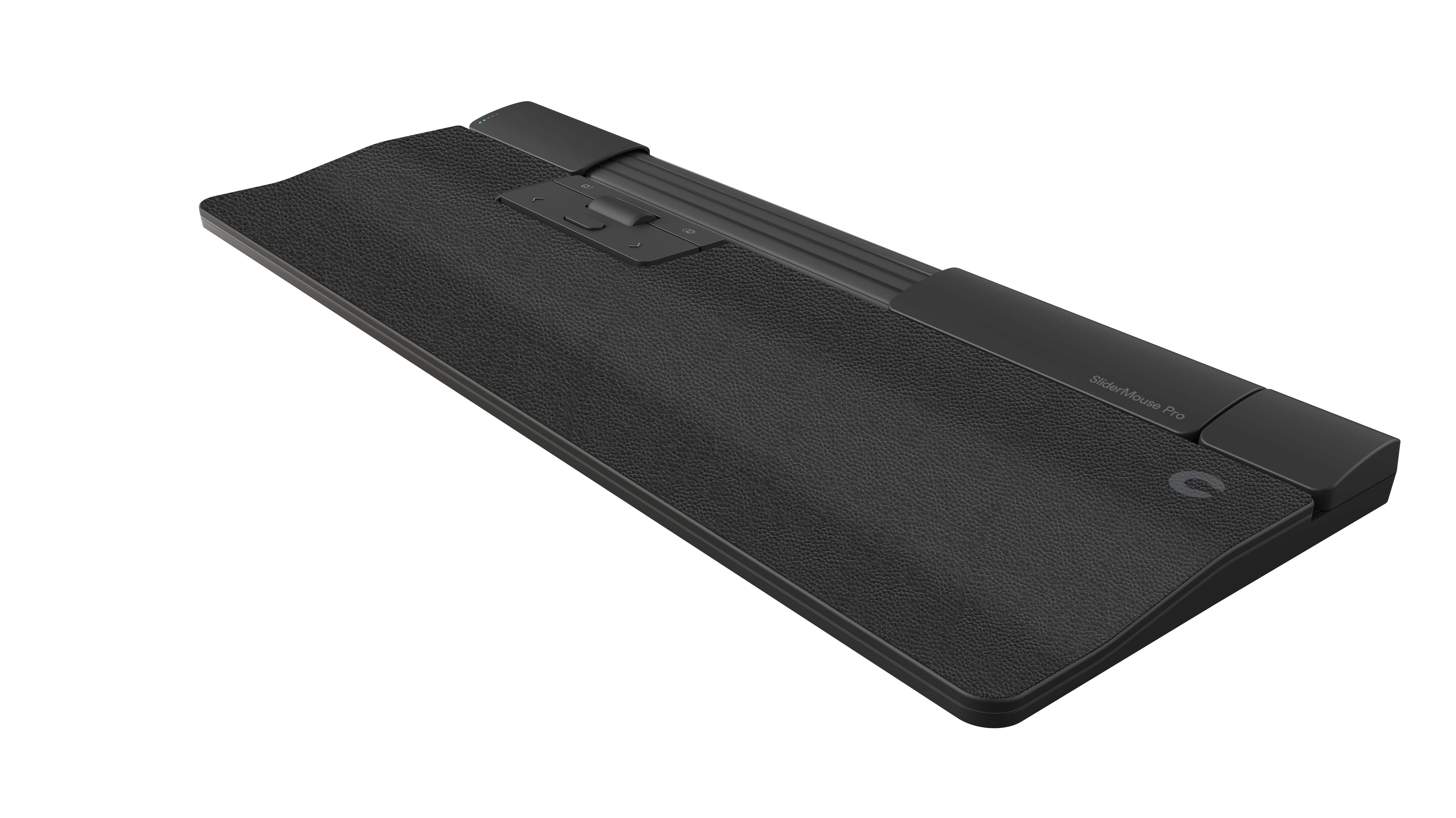 Alfombrilla ergonómica negra con barra gris y superficie negra, vista en ángulo.