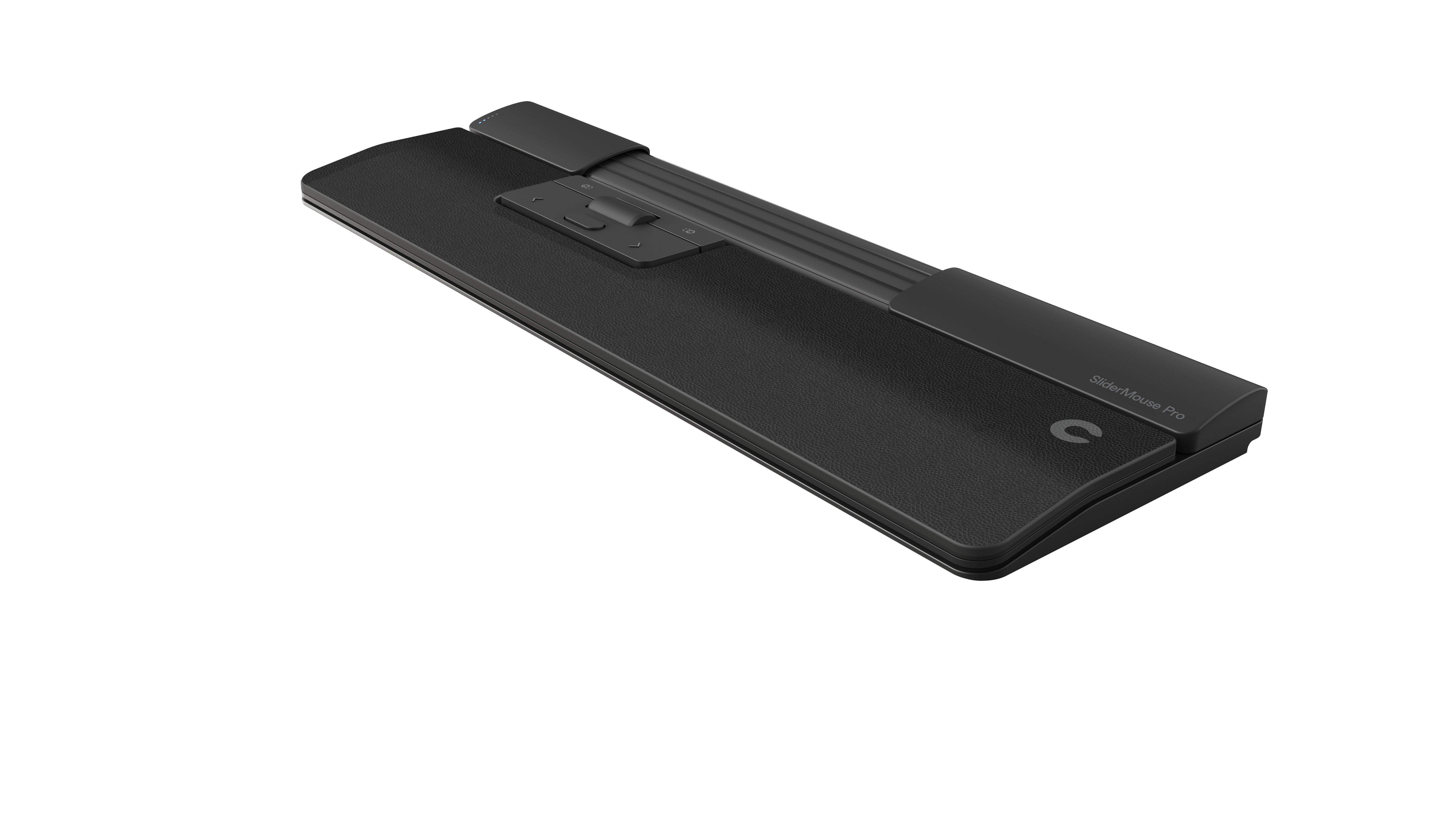 SliderMouse Pro, un ratón negro con superficie texturizada. El fondo es blanco. Vista en perspectiva.
