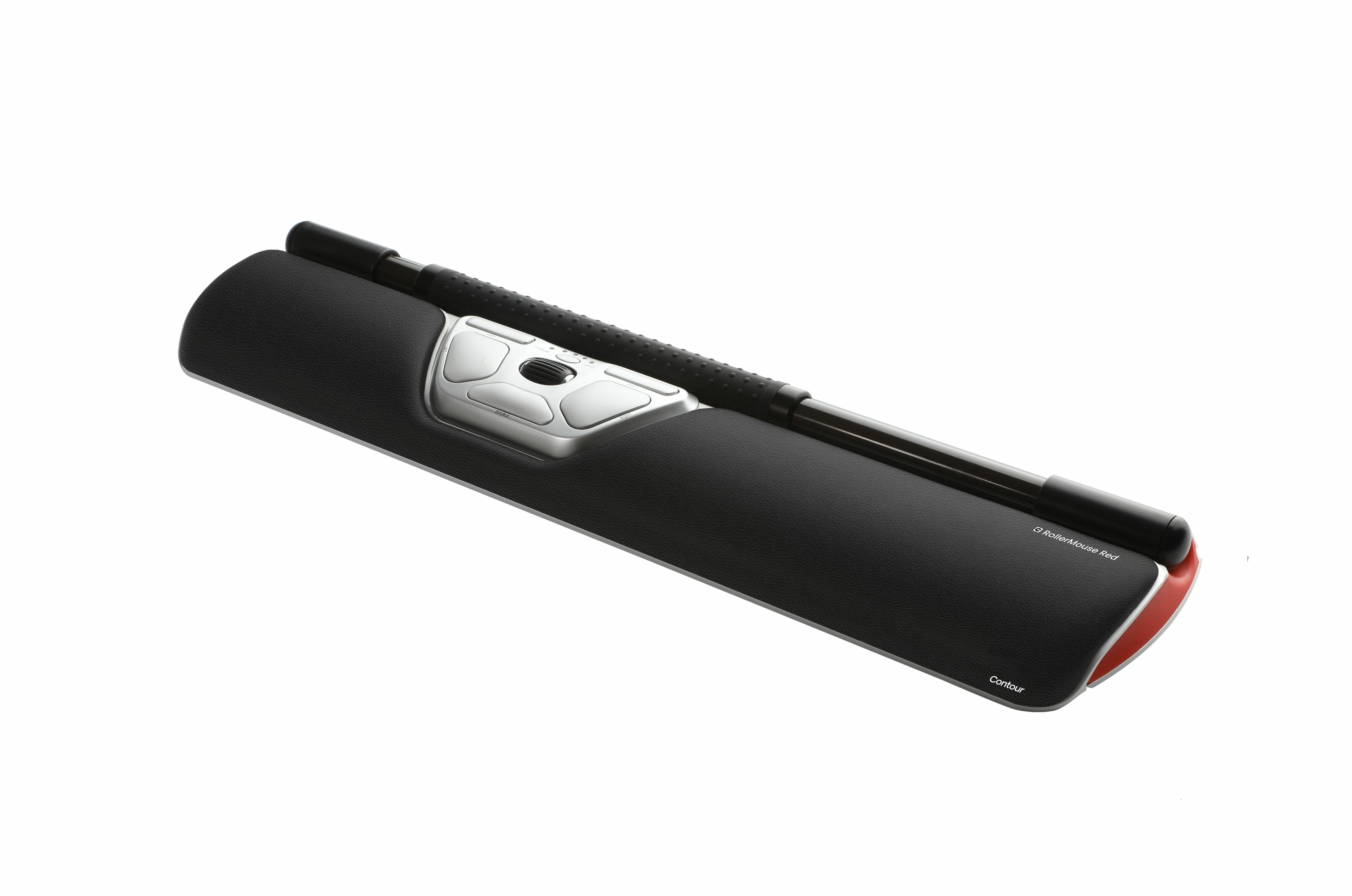 Contour RollerMouse Red, a black mouse with a silver bar. It has a black wrist rest and a red accent.