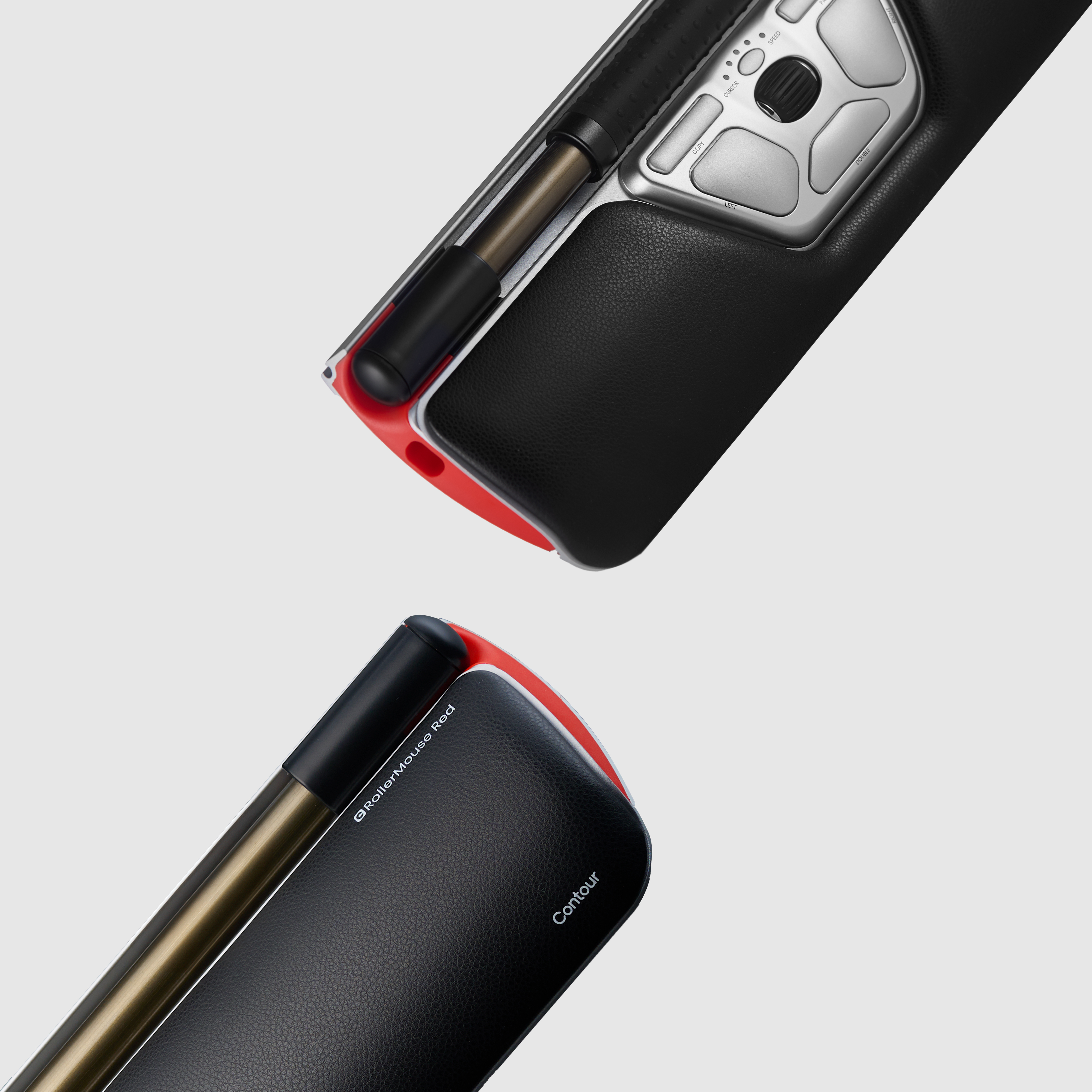 Two RollerMouse components on a white surface.  Black and red colors.