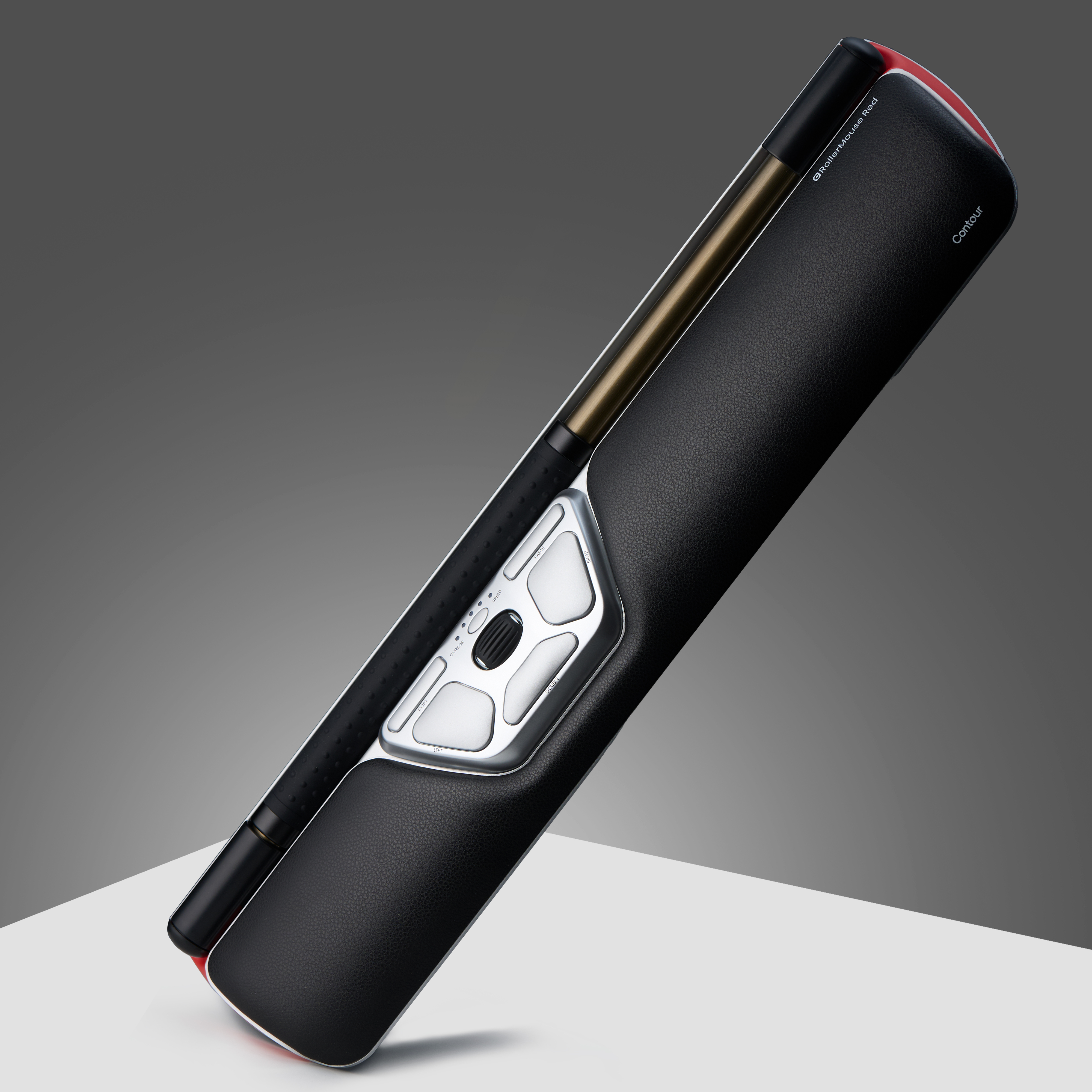 Ergonomic mouse and wrist rest in black and silver, with a red accent on the end. Gray background.