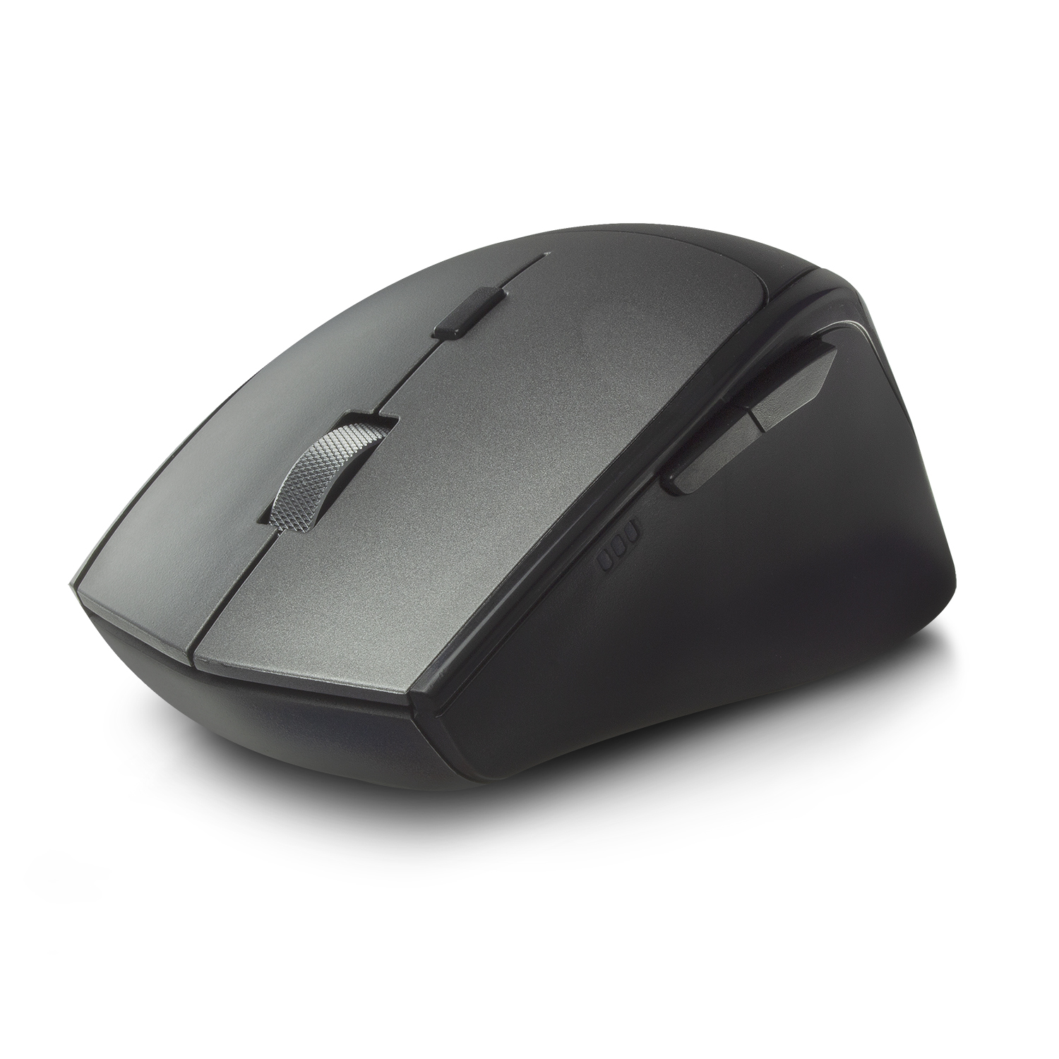 Een zwarte draadloze muis met een scrollwiel en knoppen. Hij staat op een witte achtergrond.