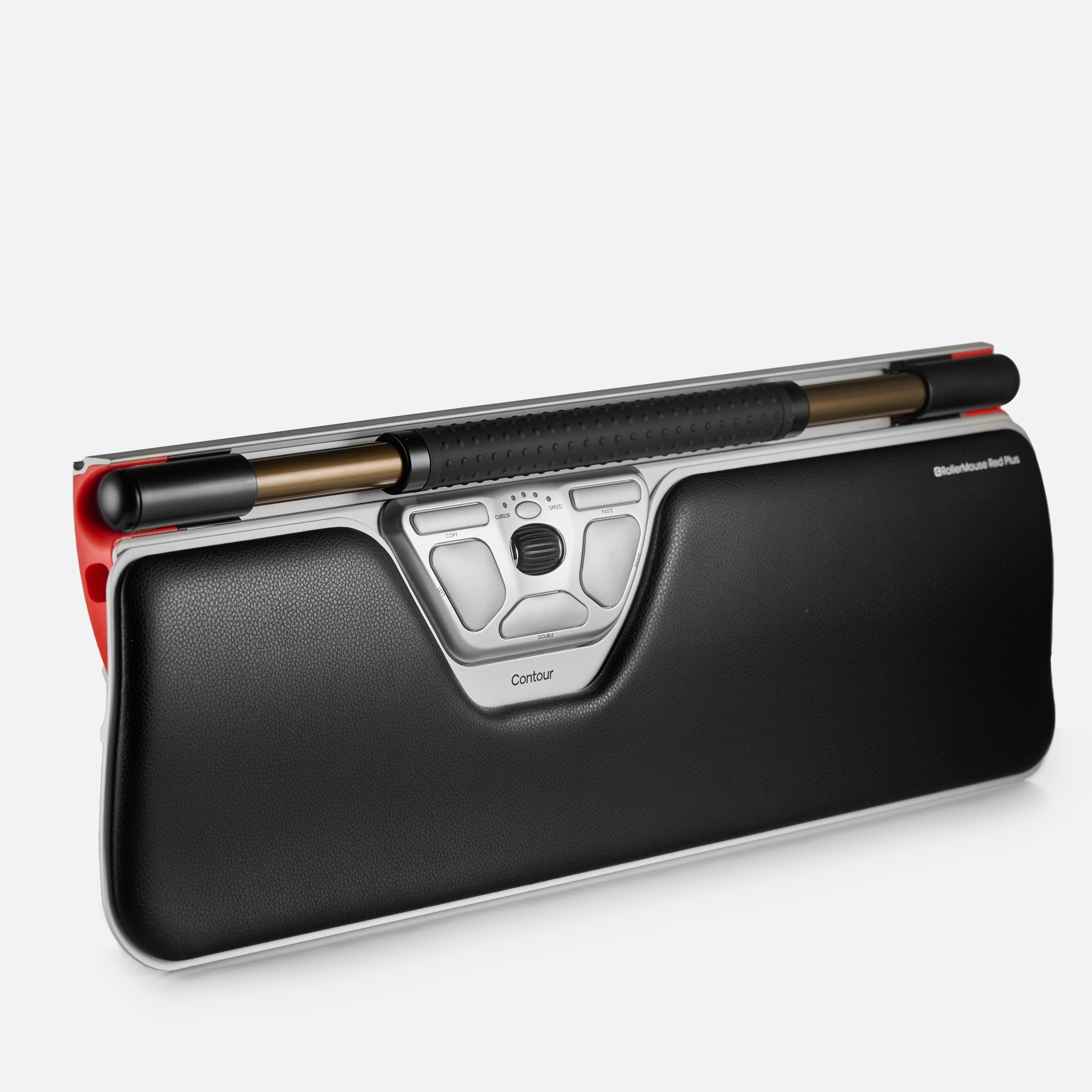 Ergonomiczna klawiatura i mysz. Czarne, czerwone i srebrne. Widoczna nazwa RollerMouse Red Plus.